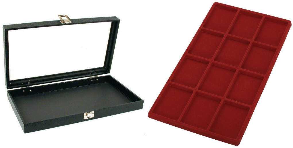 Glass Lid Jewelry Display Case 14 3/4" w/ Red 12 Compartment Display Tray