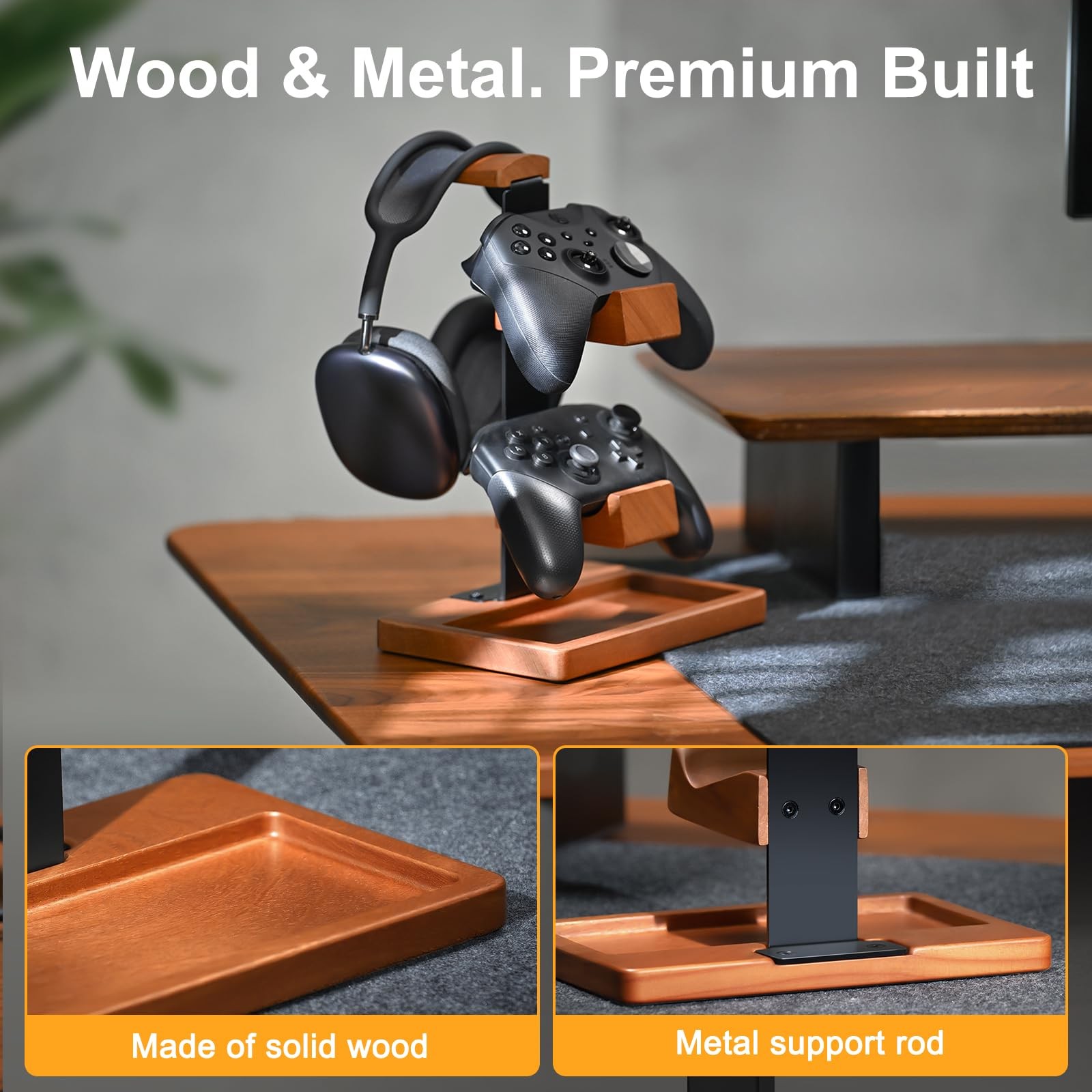 Solid Wood Controller Holder and Headphone Stand, Brown & Black