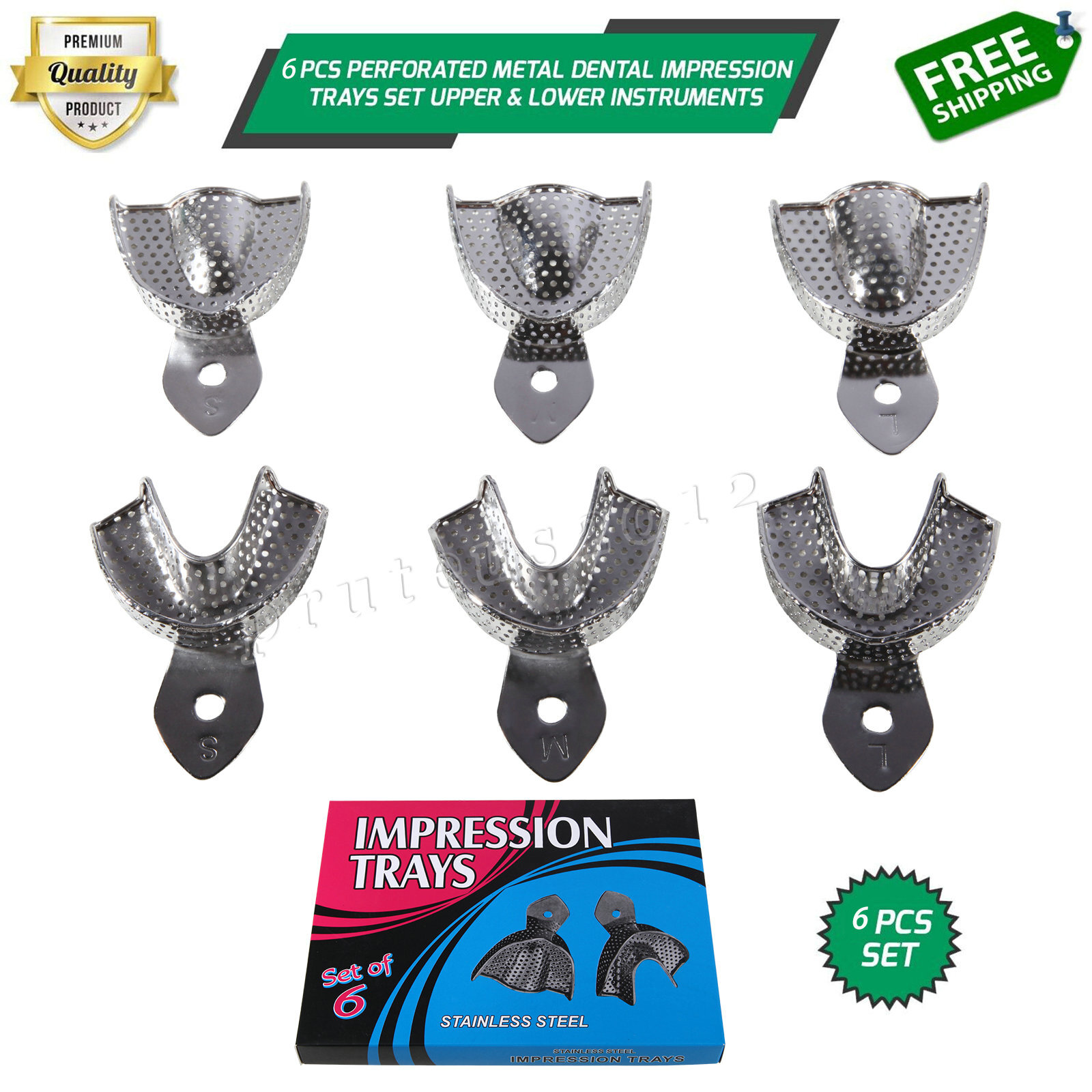 Dental Autoclavable Metal Impression Trays Perforated Stainless Steel S M L 6 Pc