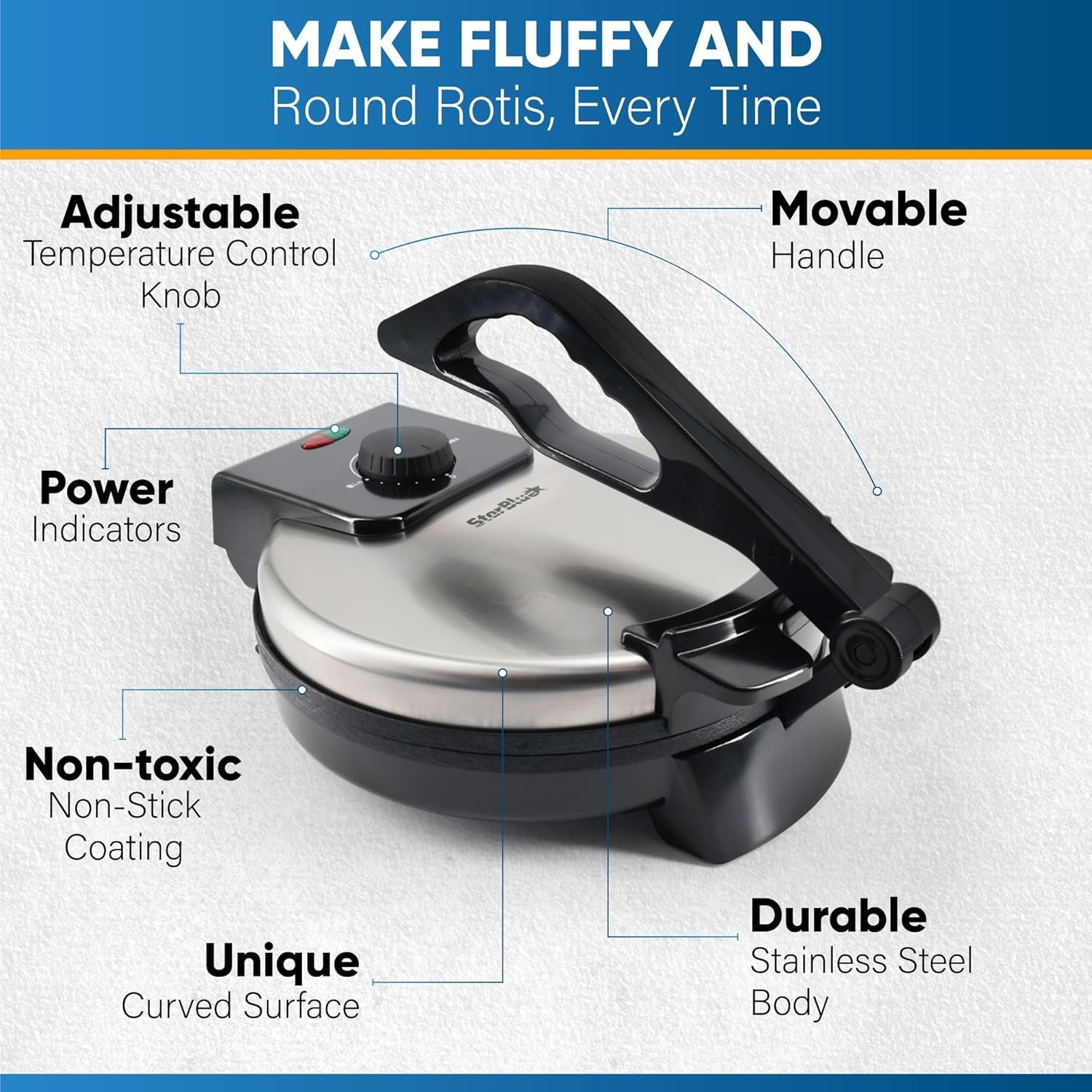 Electric Roti Maker 10-Inch - Includes Roti Warmer, Removable Handle, Easy Use