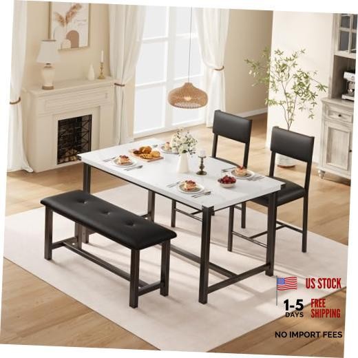 GAOMON 4-Piece Dining Set with Bench, Rustic Kitchen Table with White Marble