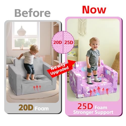 Kids Couch, 2-in-1 Toddler Sofa Fold Out, Soft Toddler Chair for Purple Unicorn