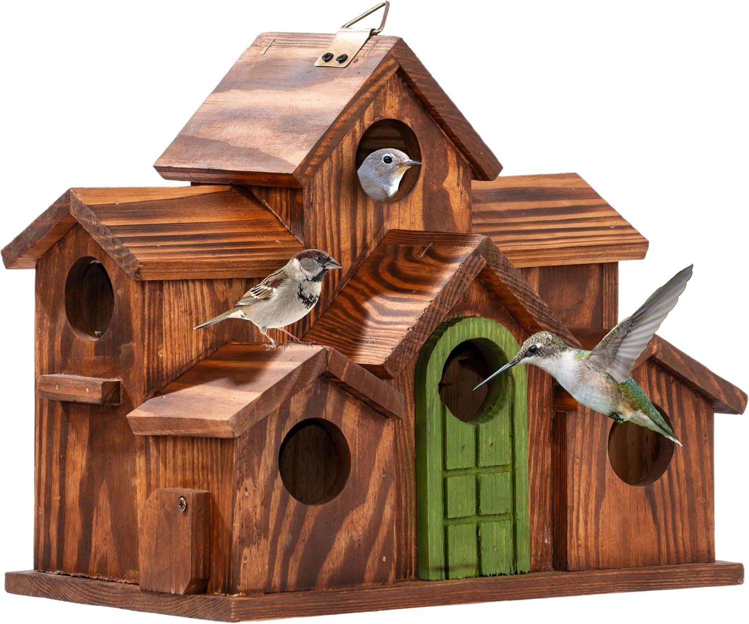 Bird House Outdoor, 6-Room Wooden Birdhouse for Outdoors & Outside, Carbonized P