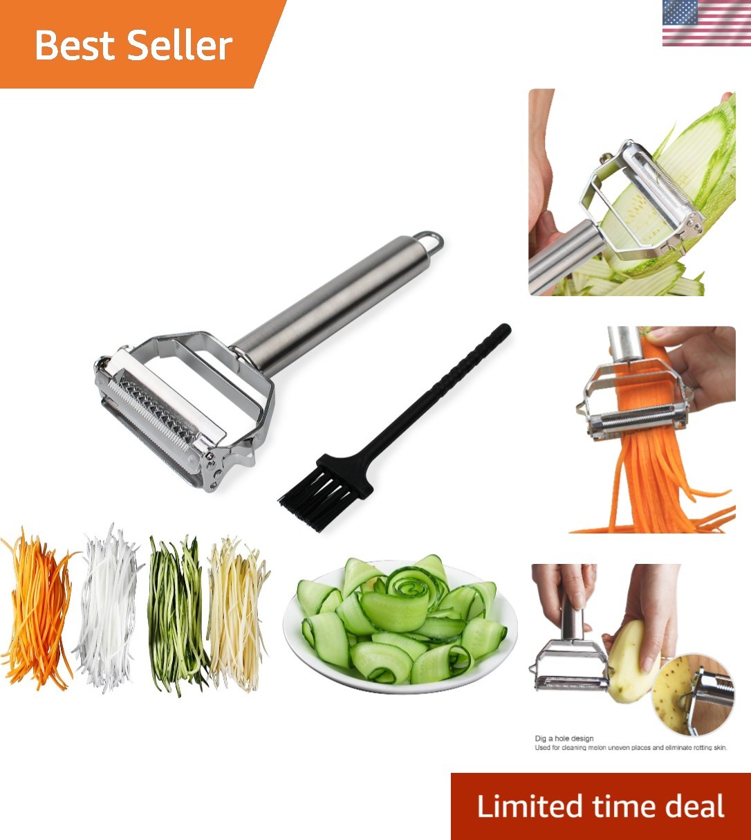 Julienne Peeler Stainless Steel Cutter Slicer with Cleaning Brush Pro for Car...