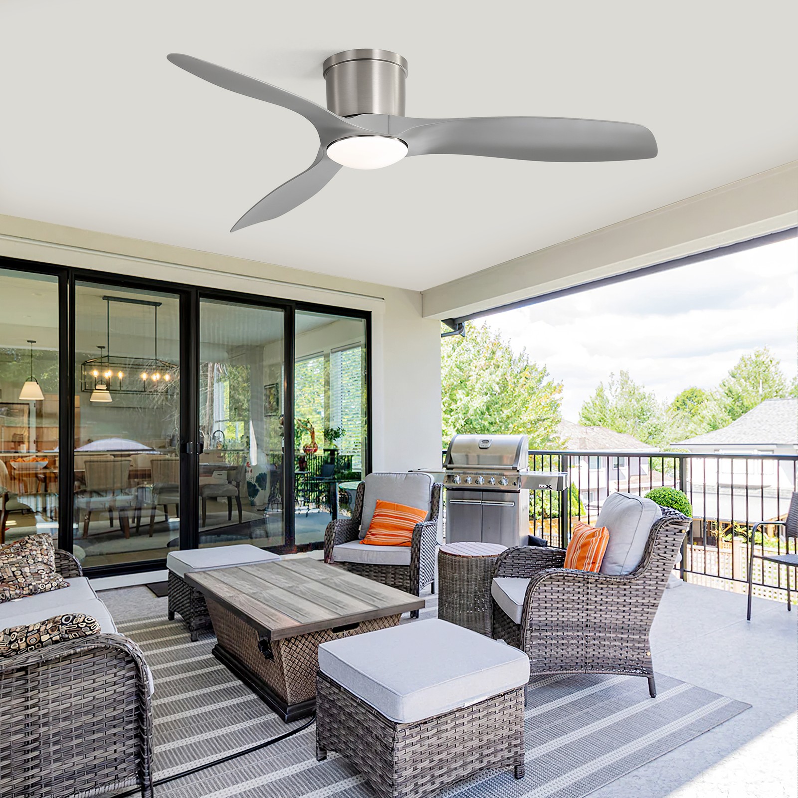 52"Flush Mount Ceiling Fan with Dimmable Led Light 3 ABS Fan Blades Reversible