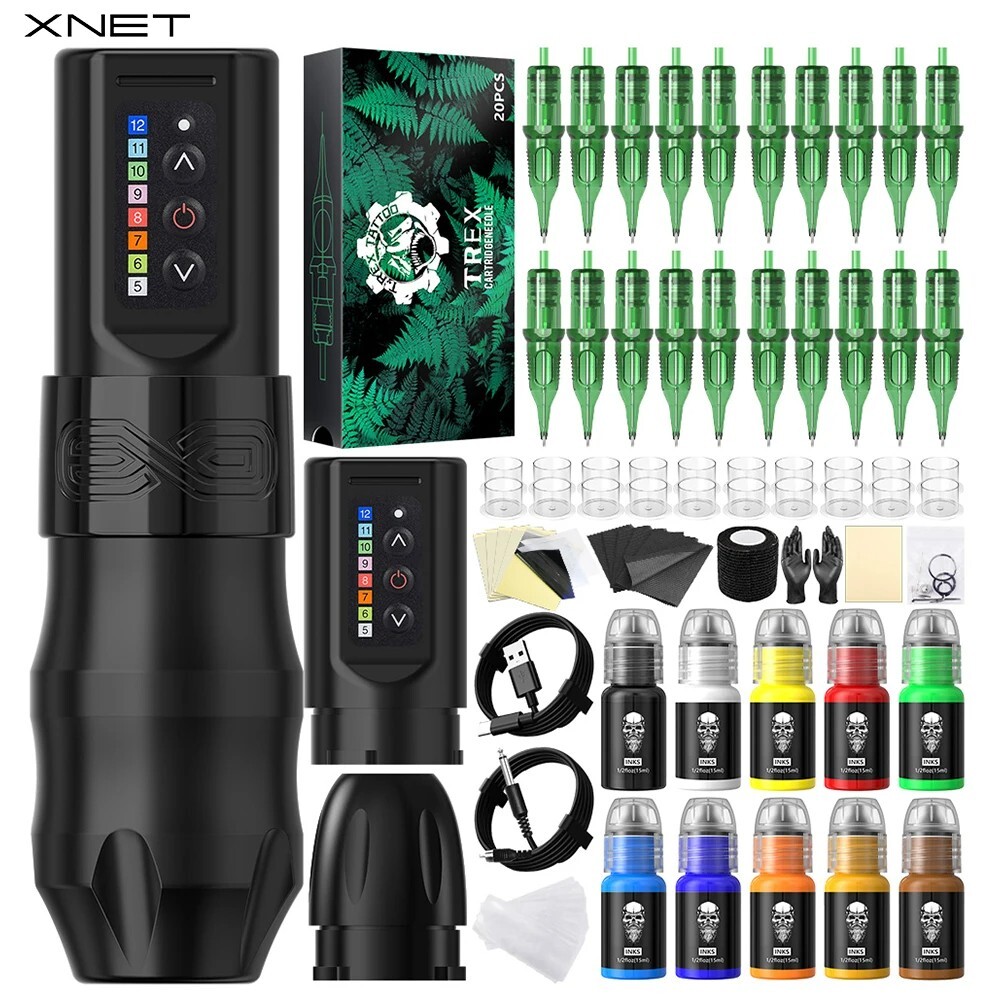 XNET EXO Wireless Tattoo Machine Kit with 10 Tattoo Ink 2400mAh Power Supply USA