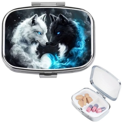 Dream Wolf Design 2 Compartment Metal Medicine Organizer Portable Travel Size