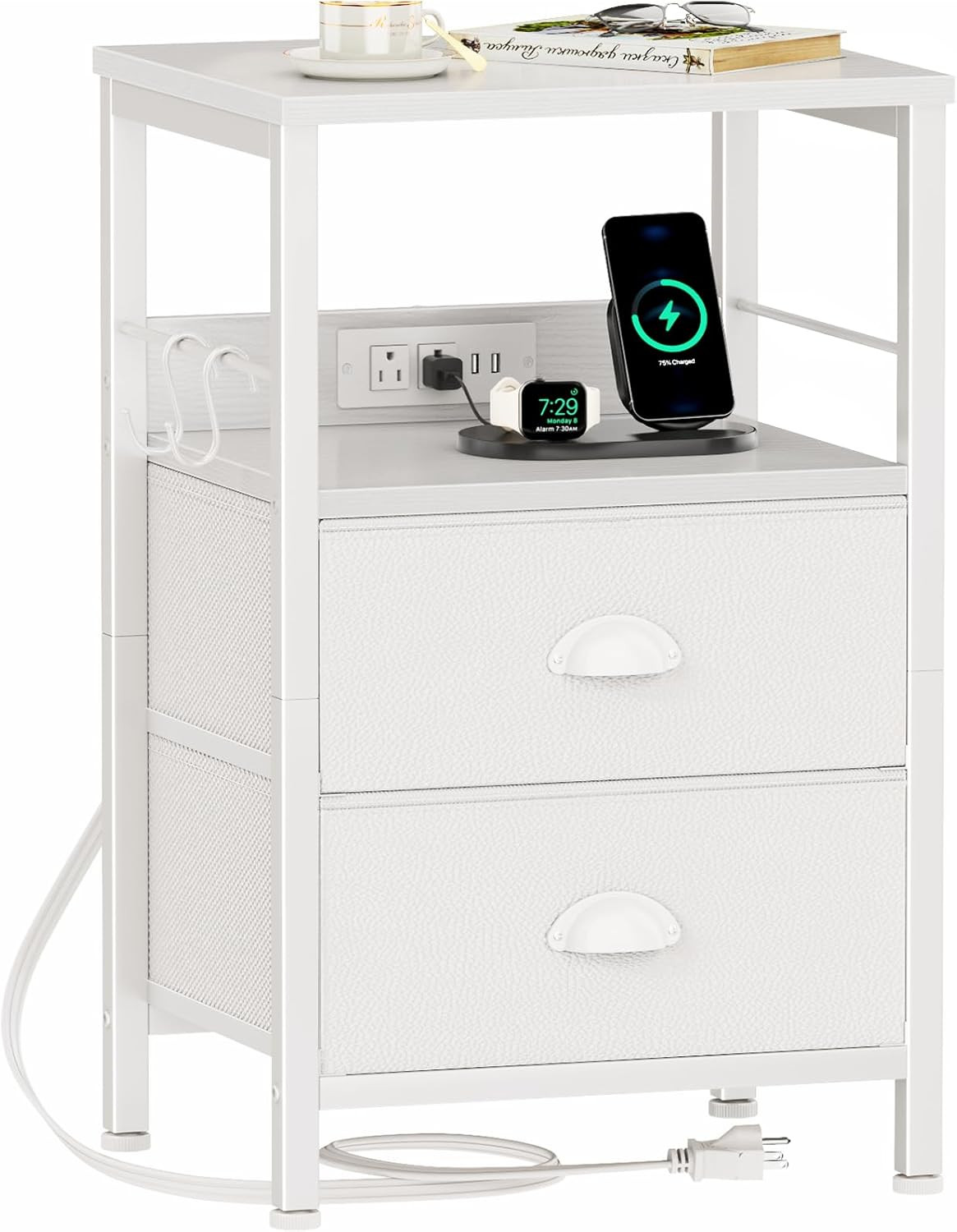End Table with Charging Station, Nightstand with Fabric Drawers, Side Tables wit