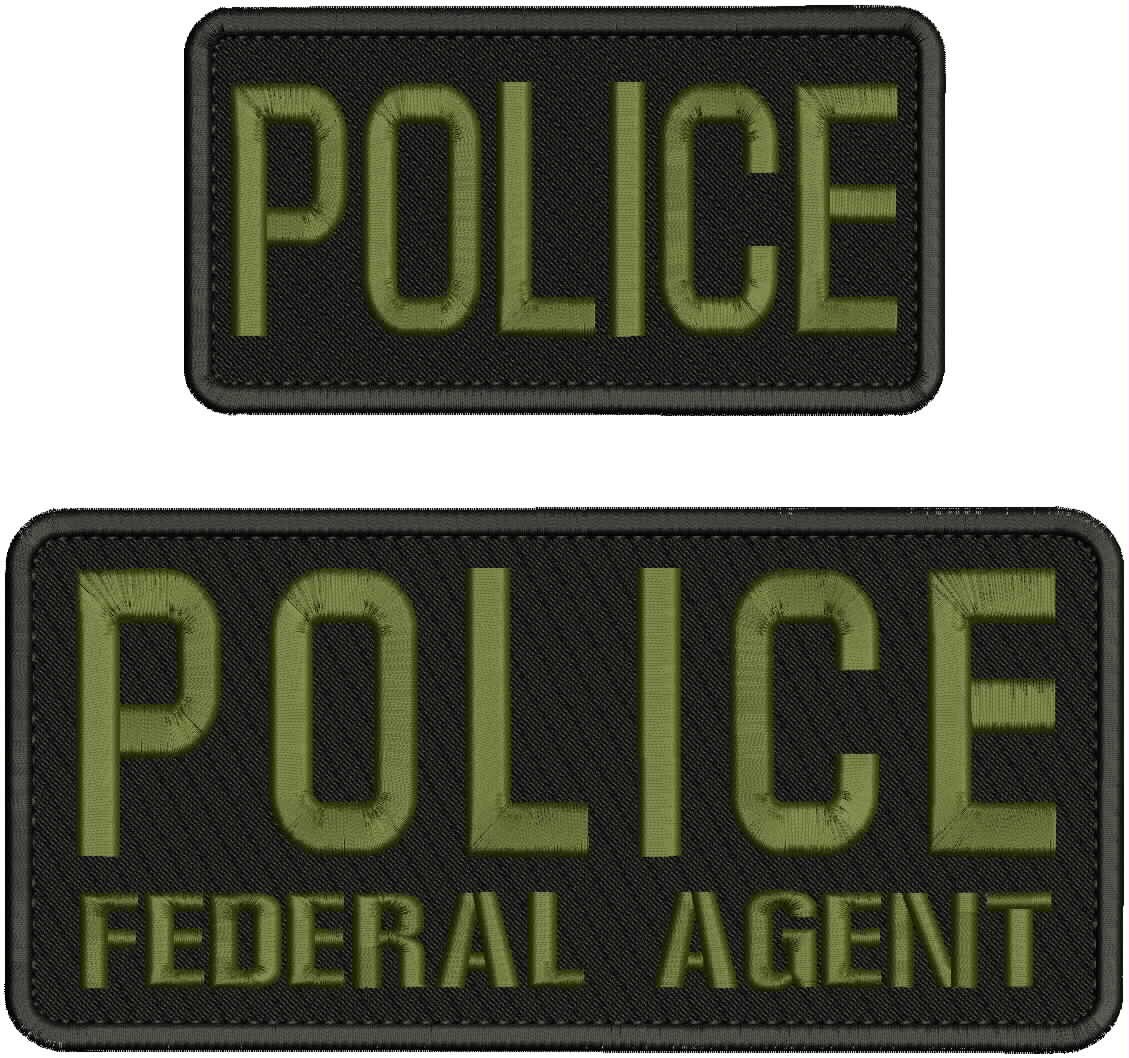 POLICE FEDERAL AGENT Embroidery Patches 4x9 And 3x6 hook on back OD GREEN ON BLK