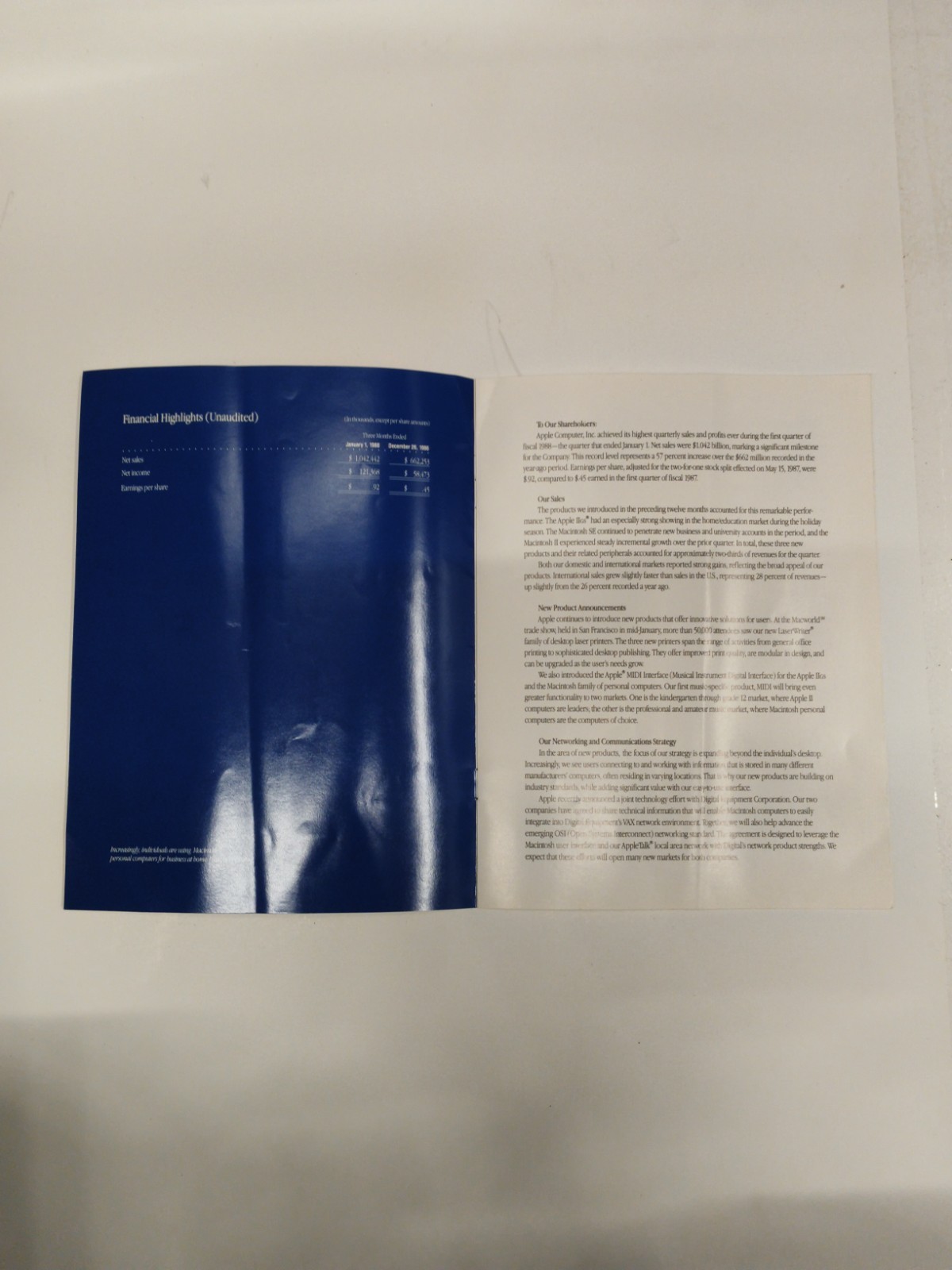 Apple Computer Inc. 1988 First Quarter Report