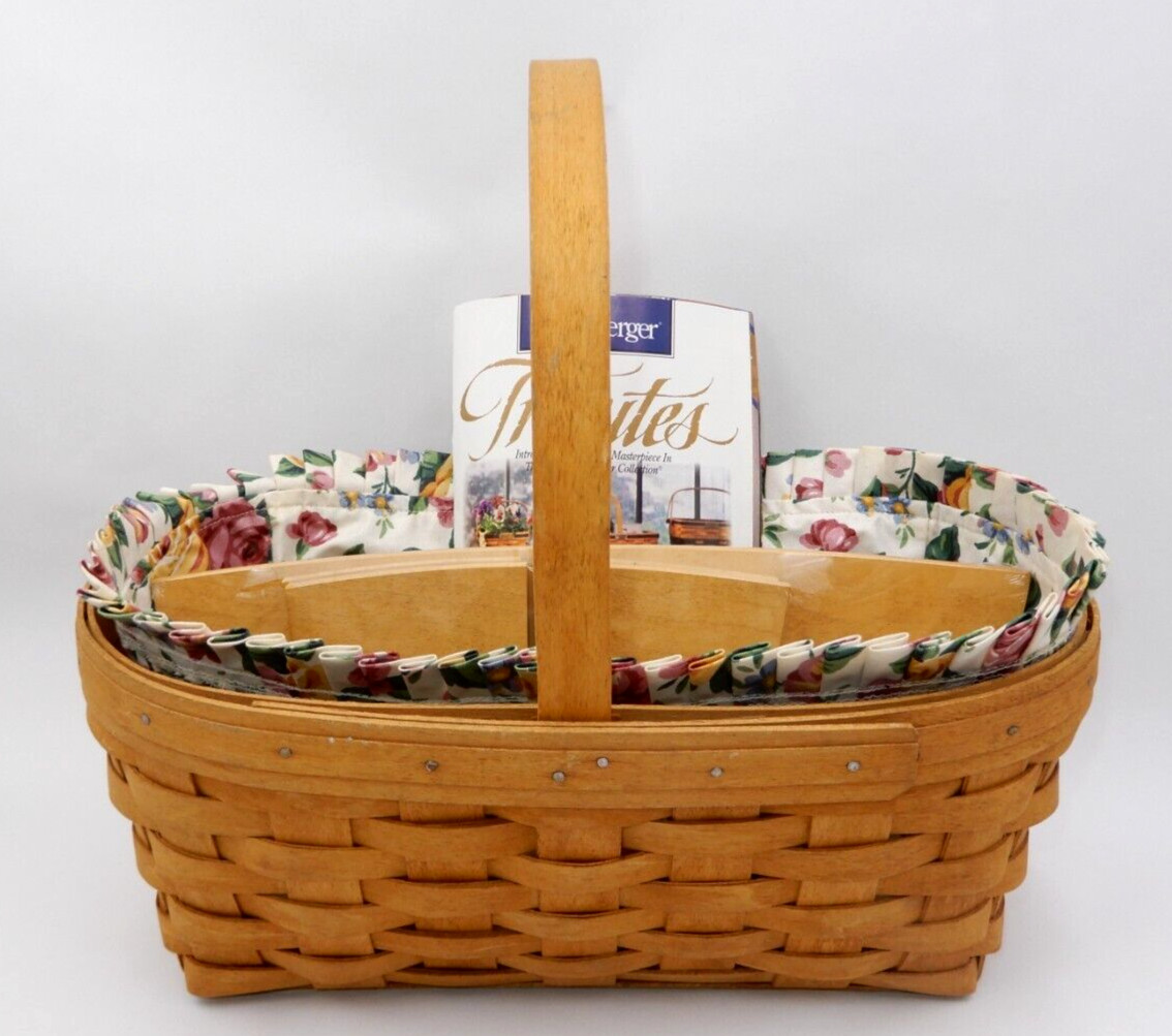 SINGLE HANDLE LONGABERGER BASKET W/ CHORE DIVIDER, PLASTIC & FABRIC LINERS 1999
