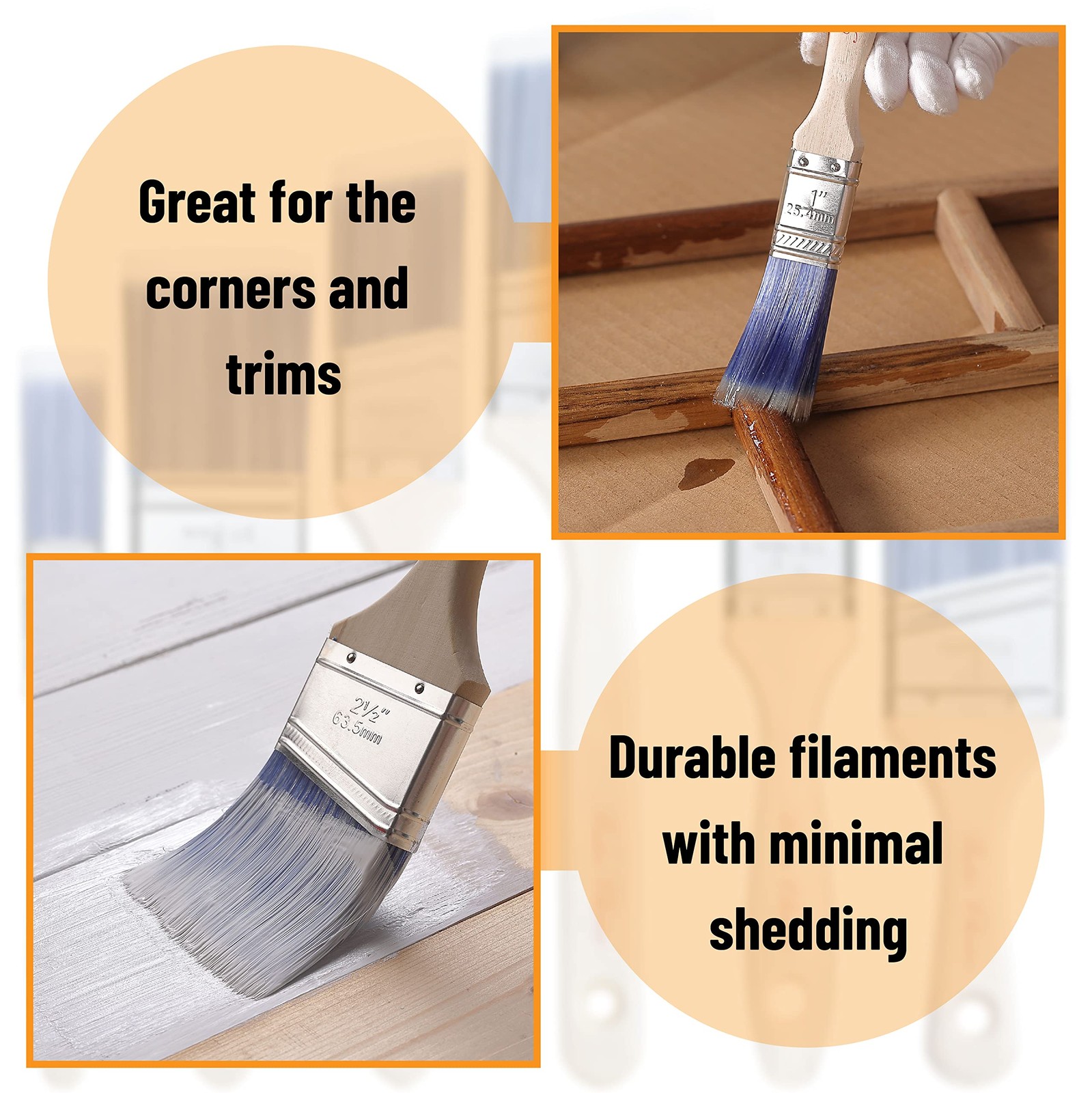 Bates Paint Brushes | 6 Pack w/ Flat & Angled Styles | Smooth Finish