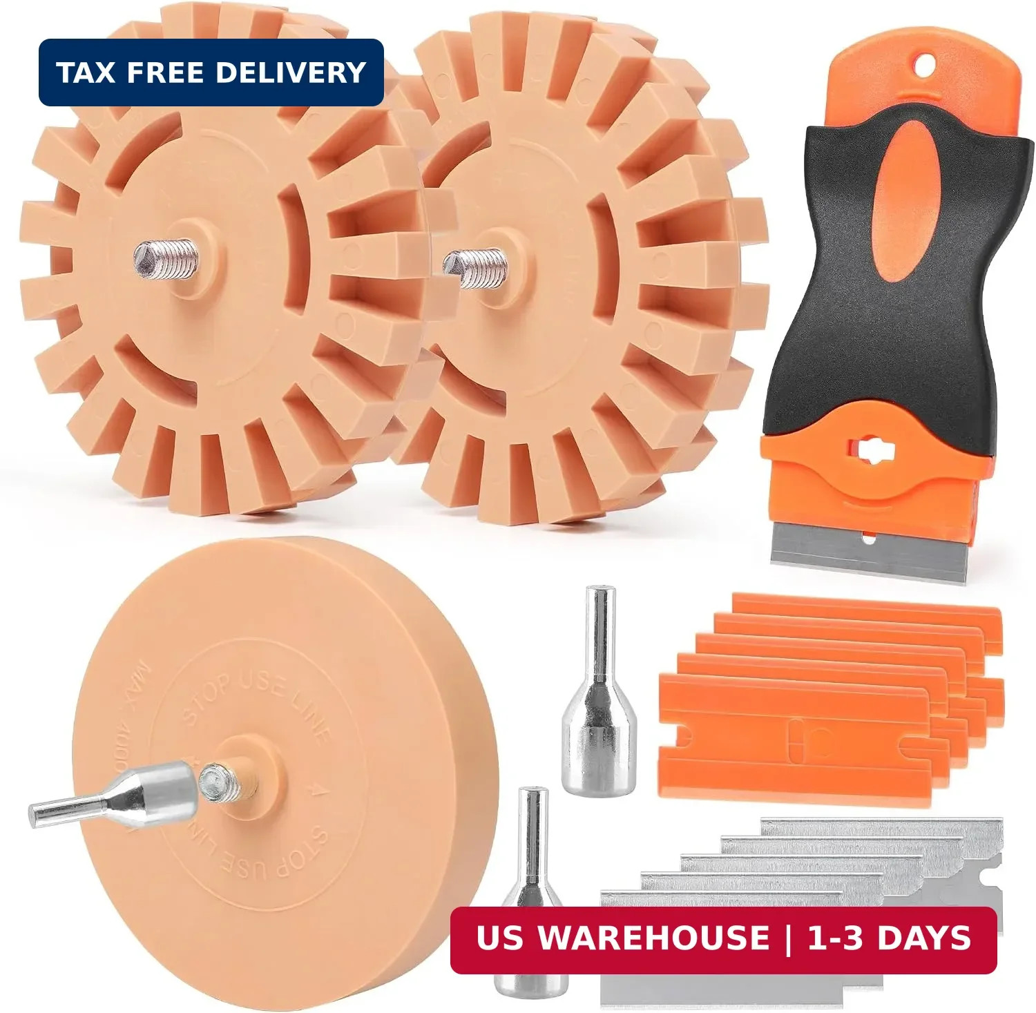 Decal Eraser Wheel Kit, 3 Rubber Removal Wheels with Scraper Drill Adapter for S