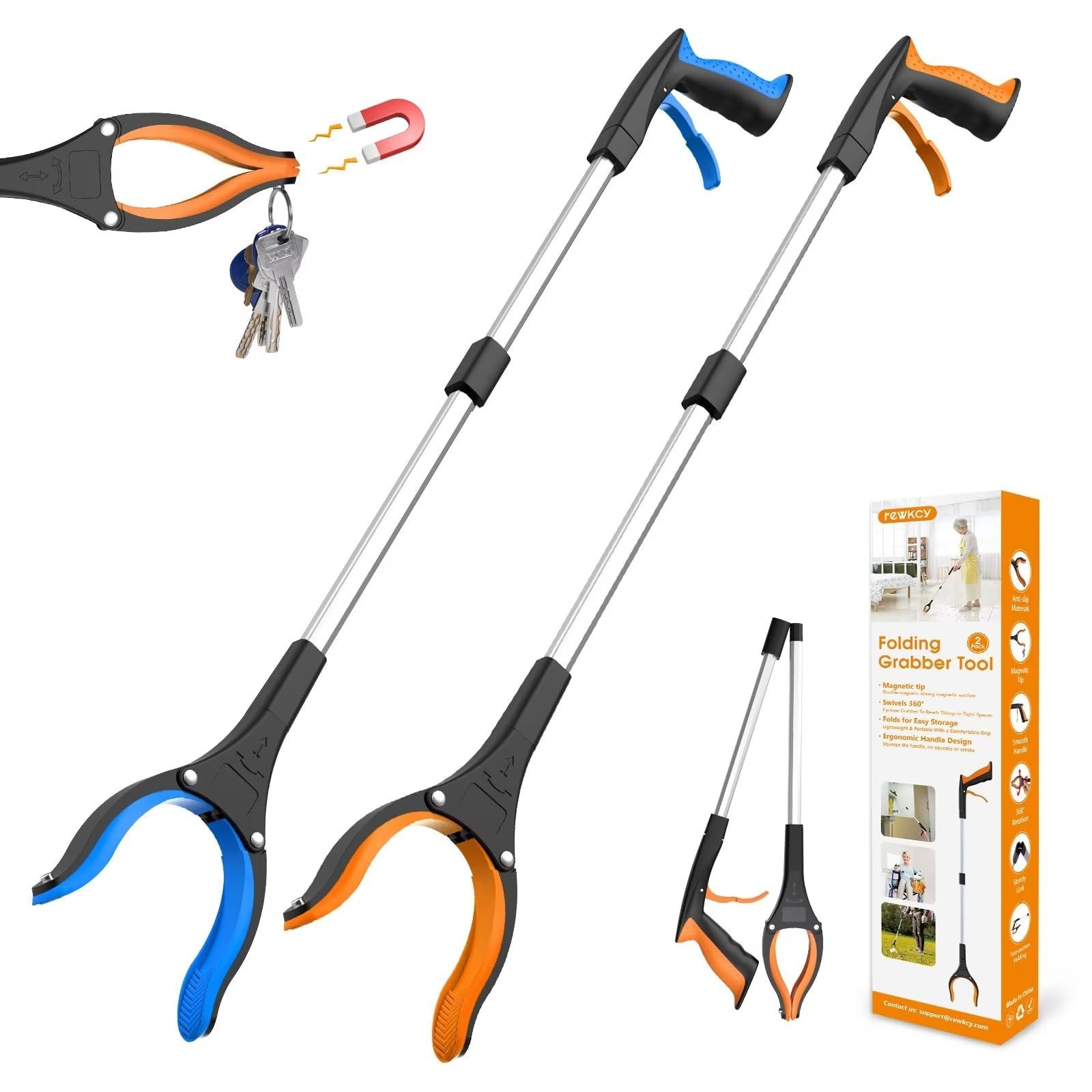 REWKCY 32" Grabber Reacher Tool, 2-Pack Foldable 32-inch, Multi-colored