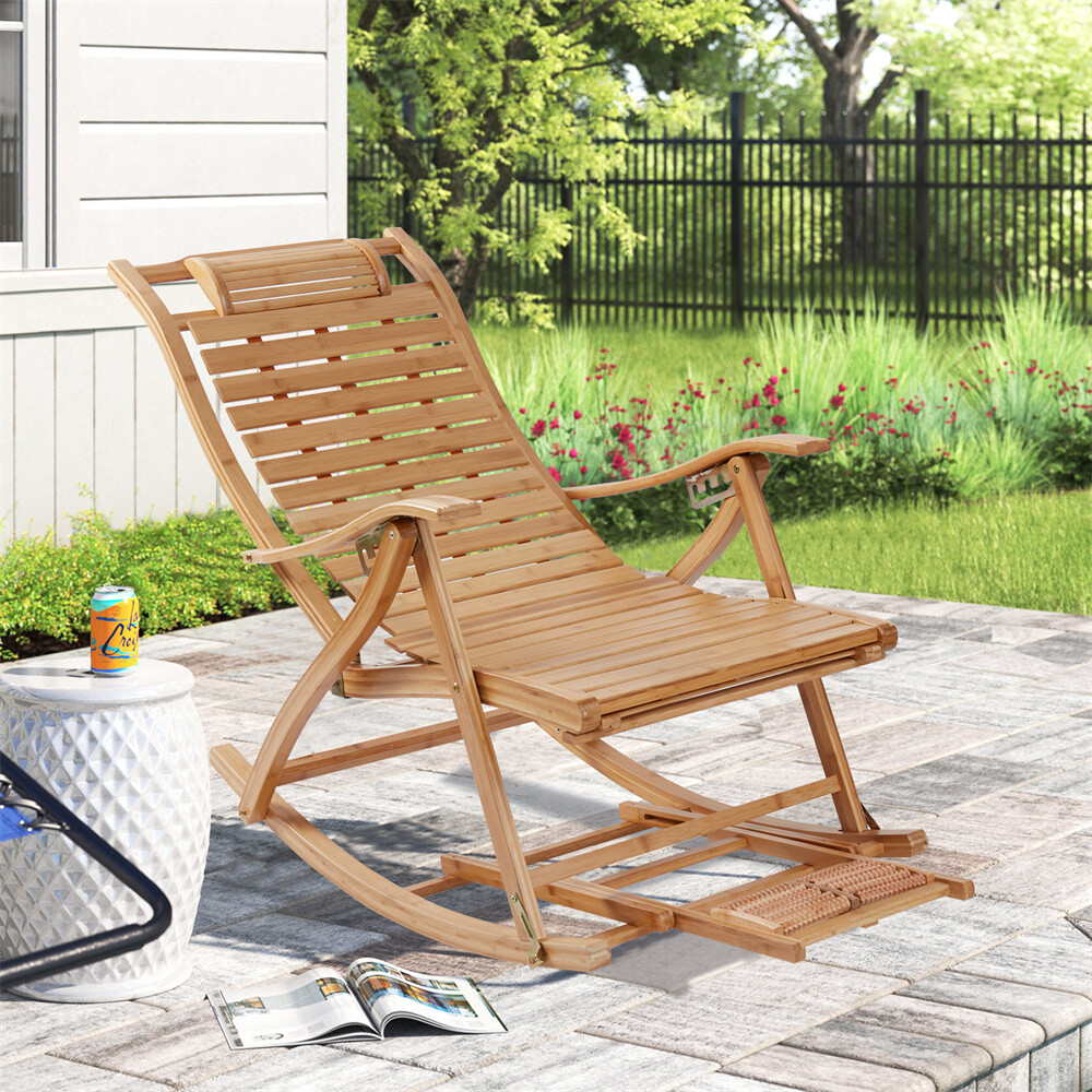 Heavy Duty Folding Rocking Chair Bamboo Living Room Indoor Outdoor Furniture US