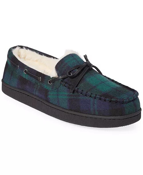 Club Room Men's Blue Plaid Faux-Fur Lining Moccasin Slippers Shoes Size 6-7