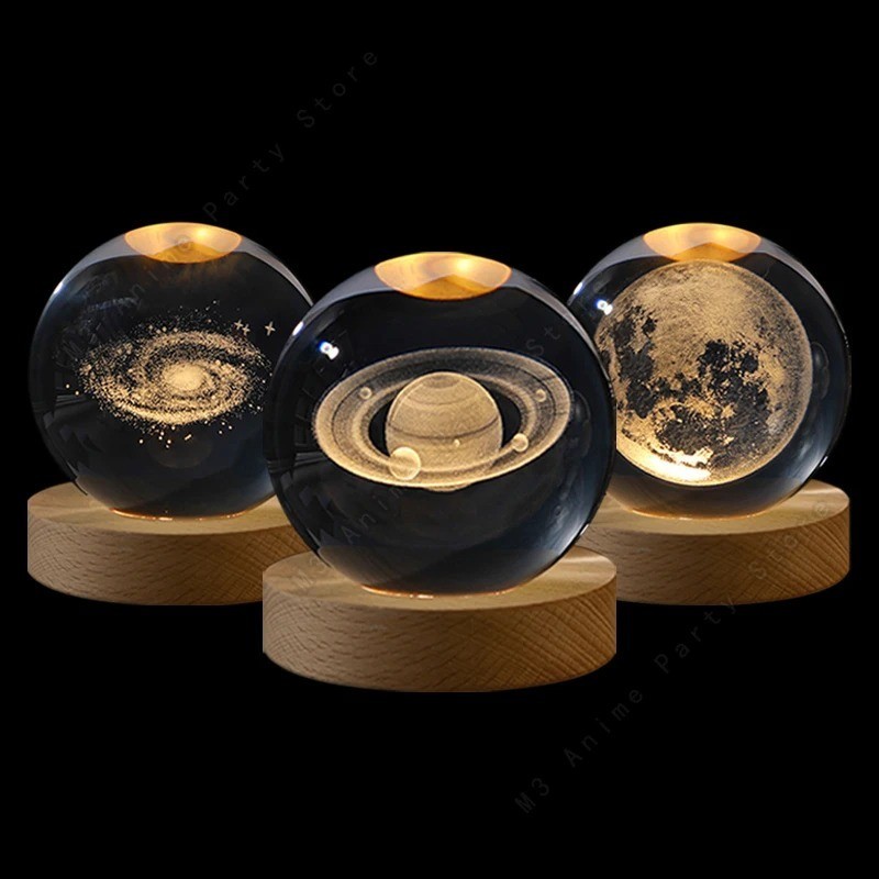 3D Crystal Galaxy Moon Planet Ball with Base Table Lamp USB LED Night Light Gift