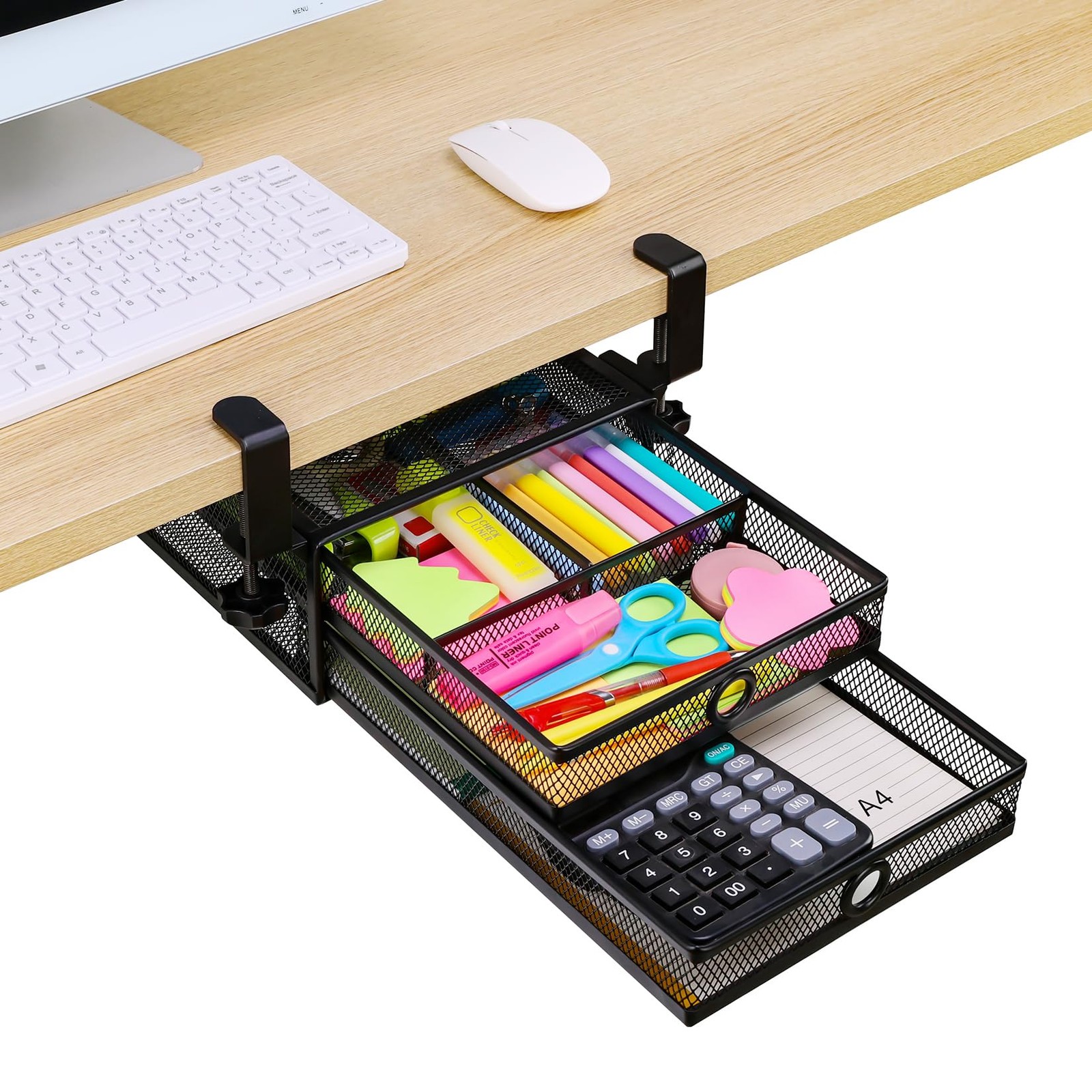 ROSYLINE Under Desk & Desktop Drawer Organizer - 2-Tier Metal Slide Out Drawers