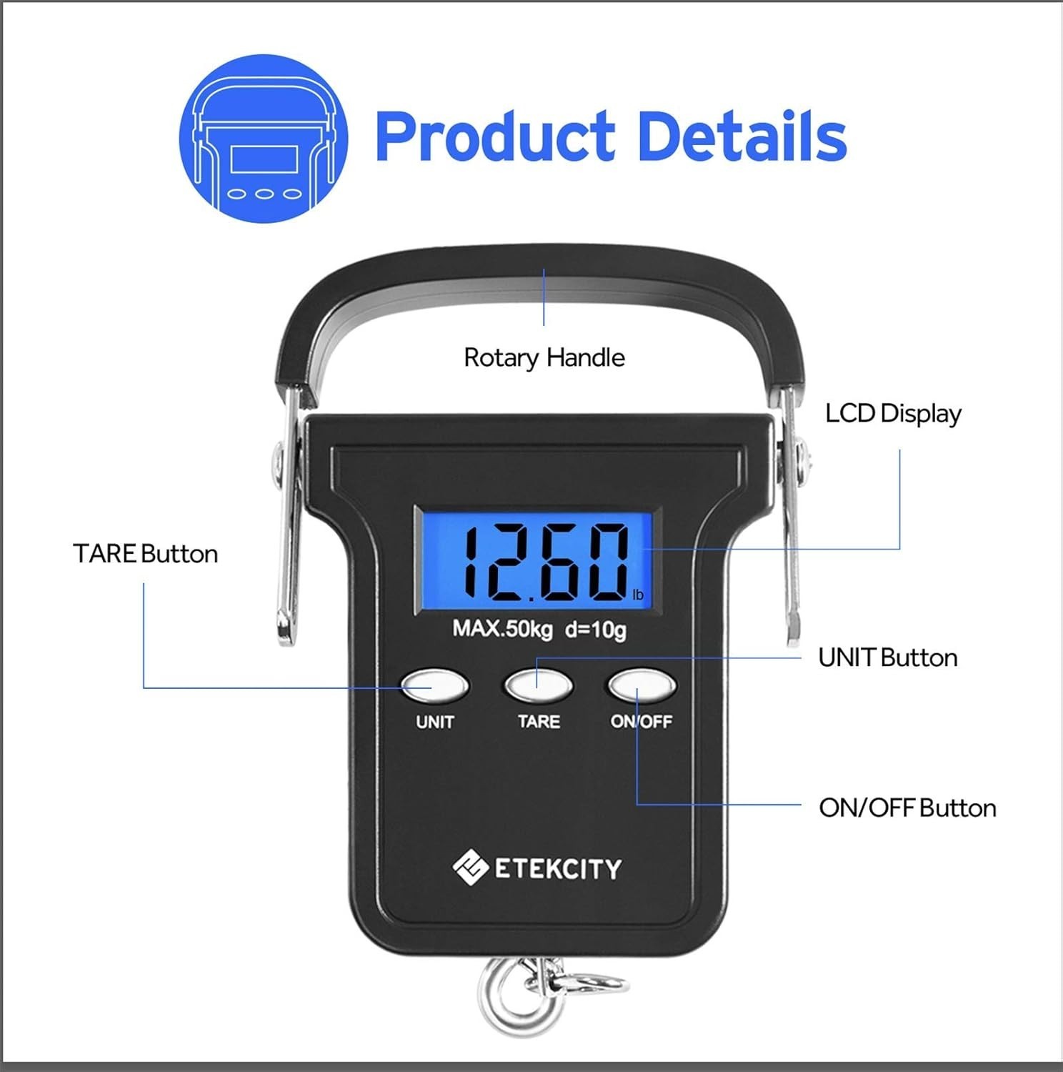Digital Hanging Hook Scale - Maximum 110lb Capacity with LCD Display & Batteries