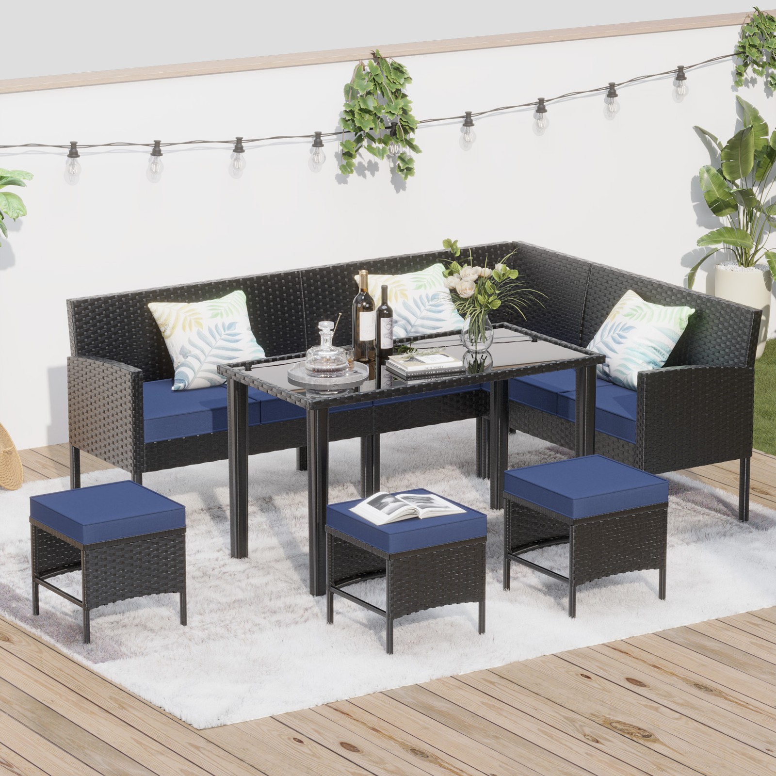 7-piece Outdoor Waterproof Seat Cushion, Glass Table, Patio Furniture Set