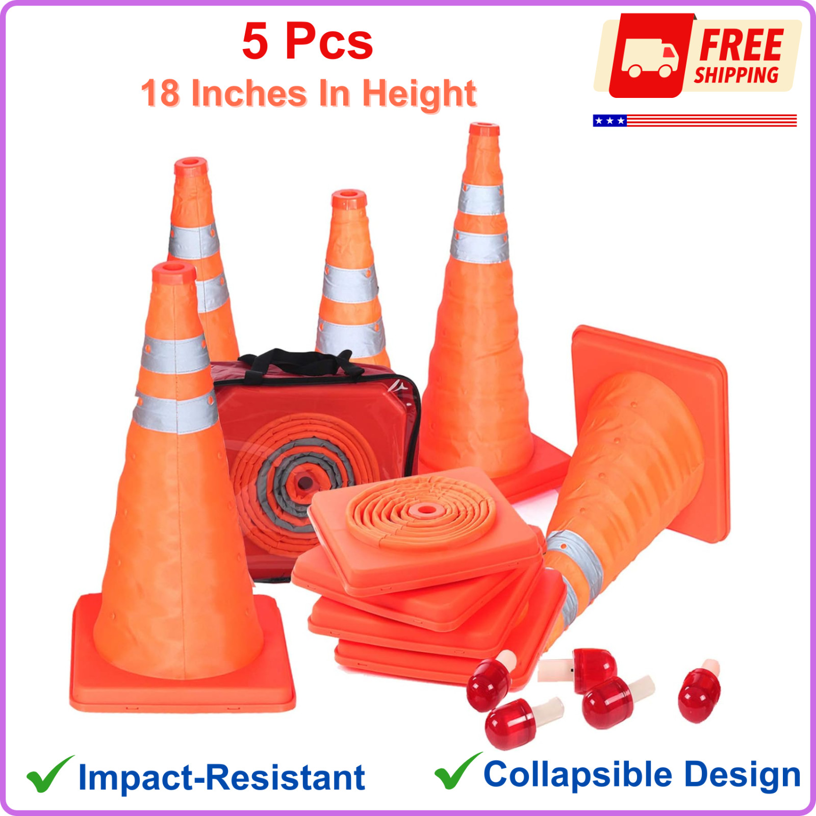 5 Pcs Collapsible Traffic Cones with Nighttime LED Lights Pop up Safety Road 18"