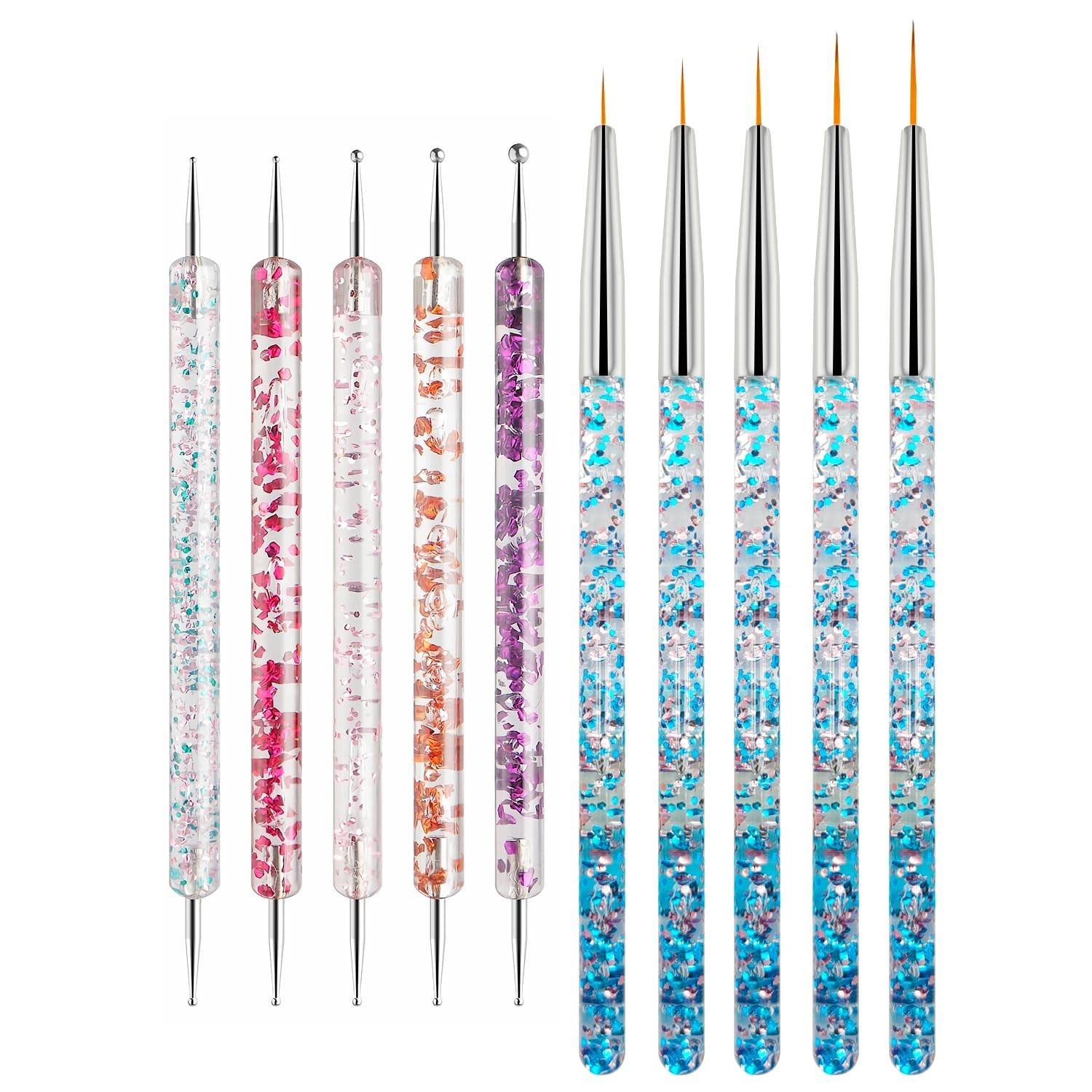 Nail Art Tool Set - 5 Dotting Tools & 5 Nail Liner Brushes for Salon, Profess...