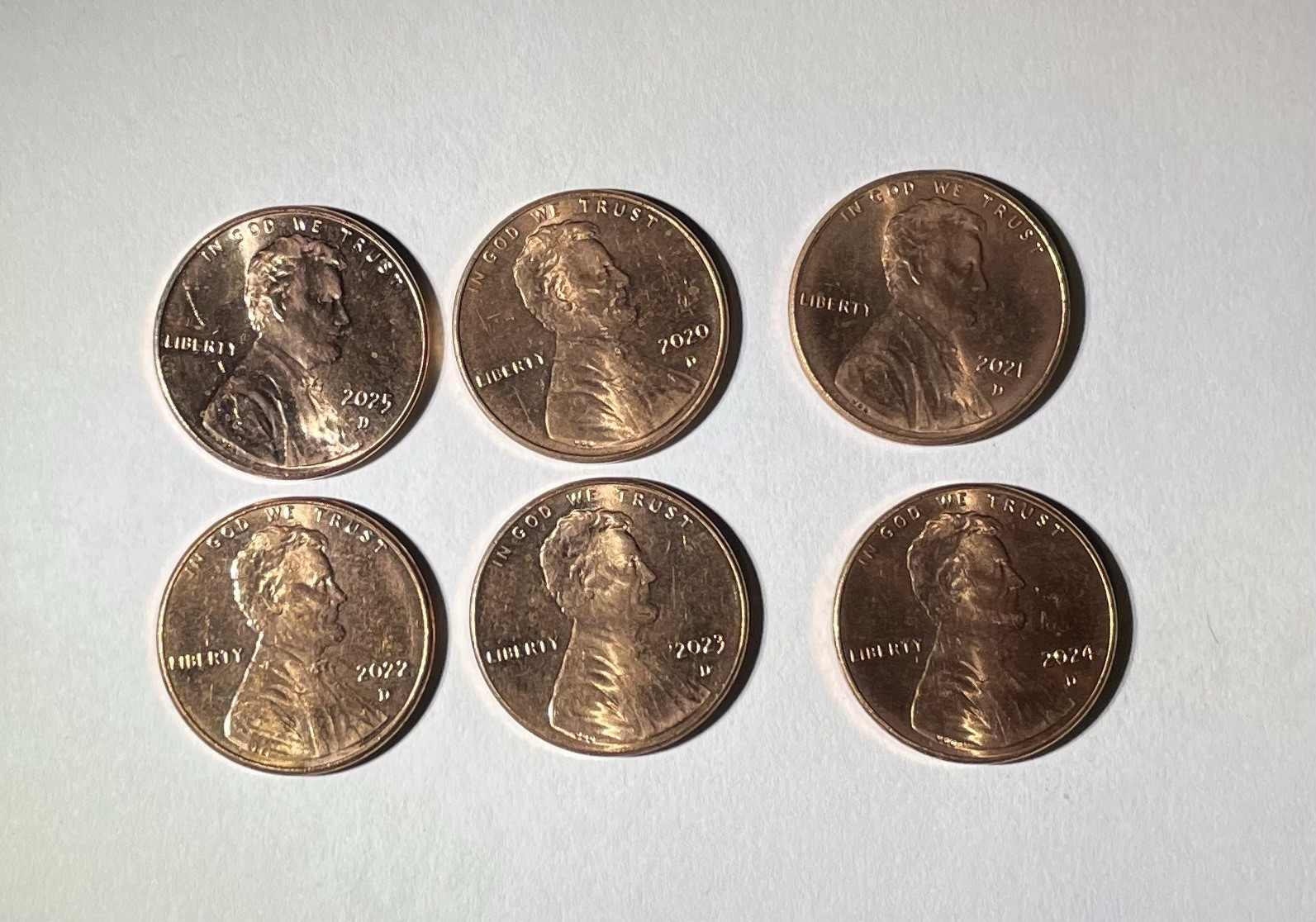 2020D-2025D Pennies Lot Of 6 Coins. The Last Six Years Of The Penny Denver Mint