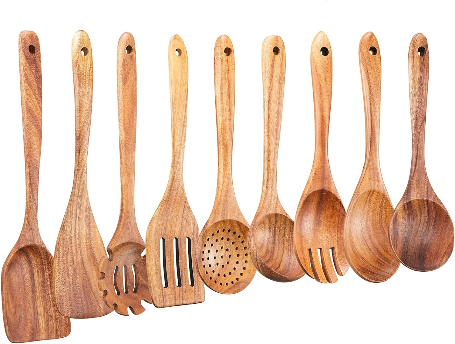 Wooden Kitchen Utensils Set, 9 PCE Natural Teak Wooden Spoons for Non-Stick Pan