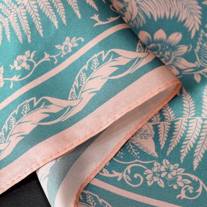 100% Silk Scarf Women Vintage Green Flower Kerchief Square Bandana Wrap 68*68cm