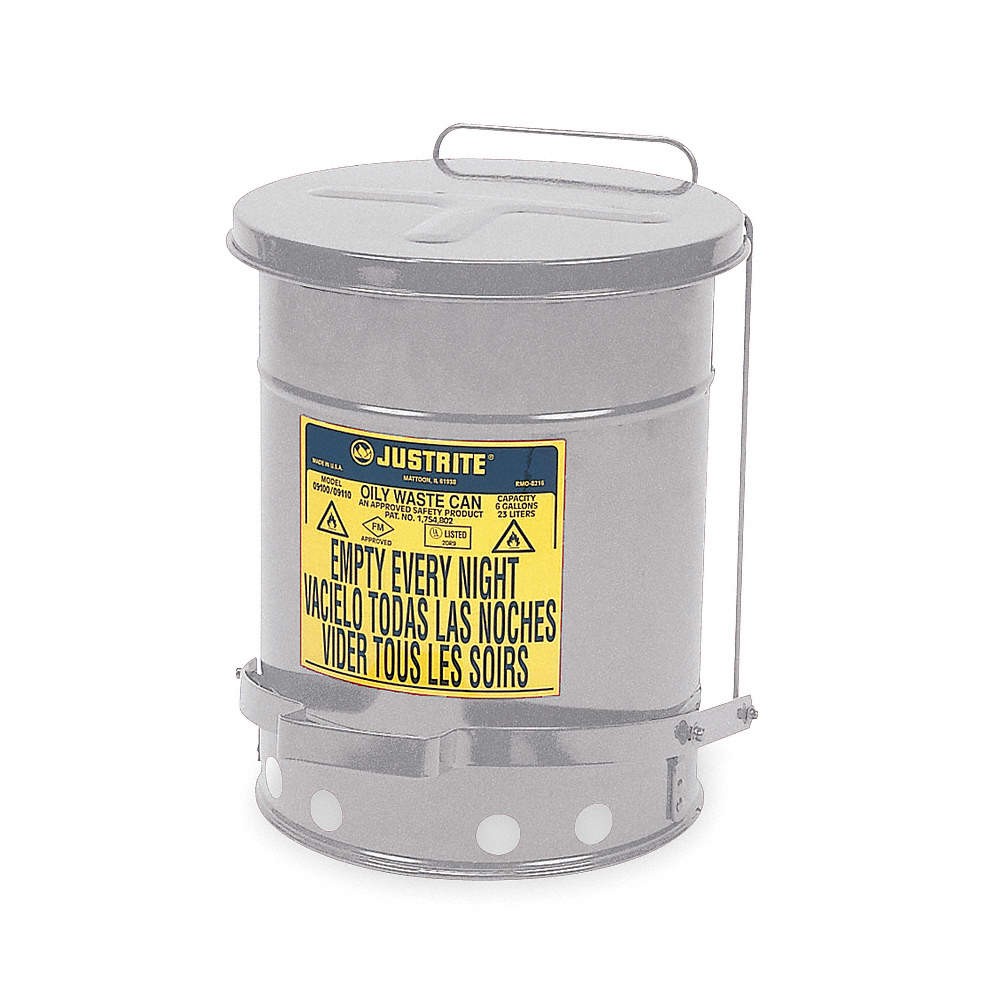 JUSTRITE 09304 Oily Waste Can,10 Gal.,Steel,Silver 2RYH6