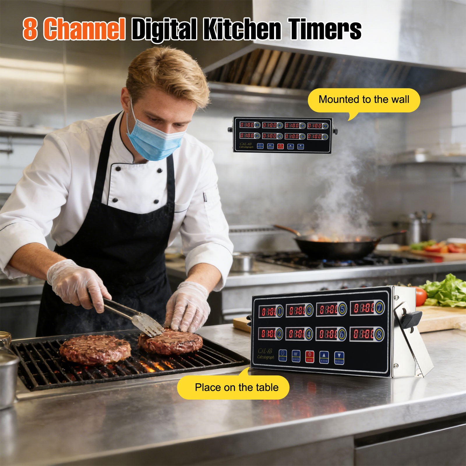 Commercial 8 Channels Digital Kitchen Timer; Stainless Steel Calculagraph Timer