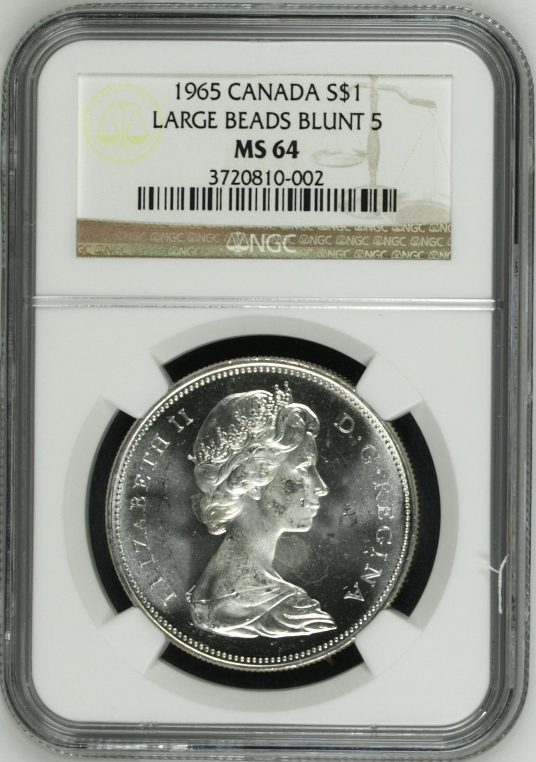 1965 Canada Silver $1 Large Beads Blunt 5 NGC MS64