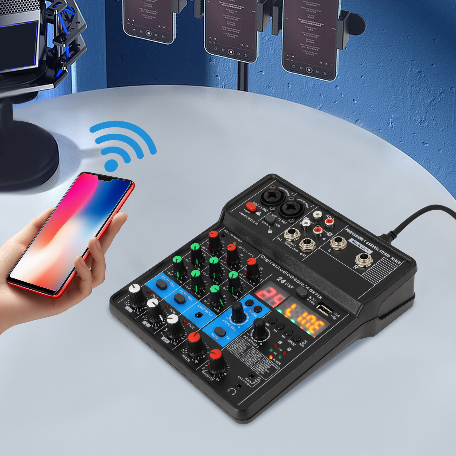 Mini Audio Mixer Bluetooth USB DJ Console 4 Channel Karaoke Live Studio 24 DSP