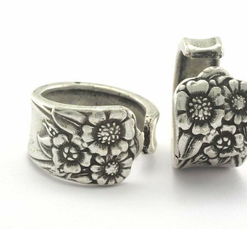 Spoon Ring Flower Adjustable Antique Silver Plated Brass Flowers Sunflower