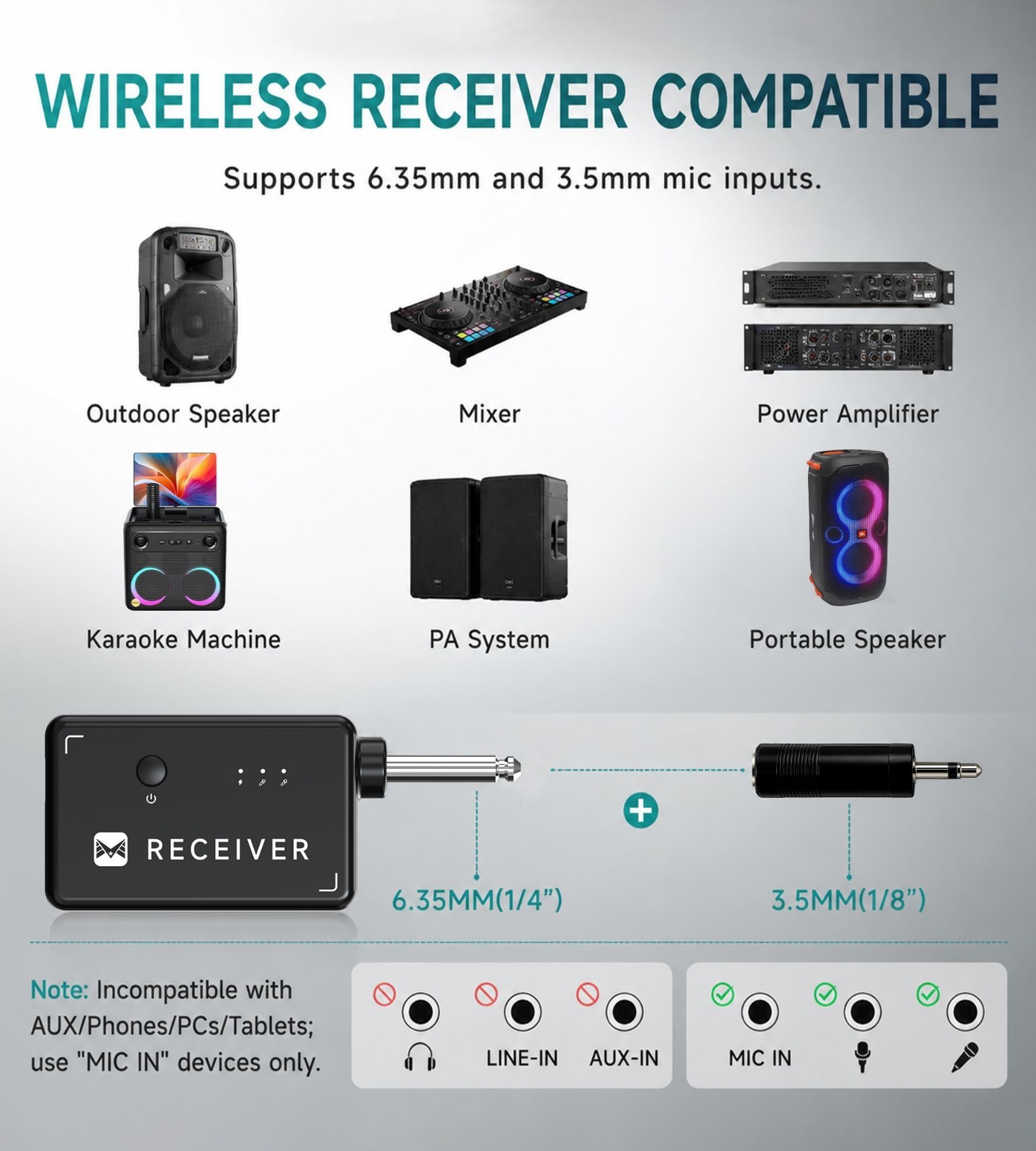 Dynamic Wireless Microphone System, Rechargeable Receiver, 40H Battery, 200FT Ra