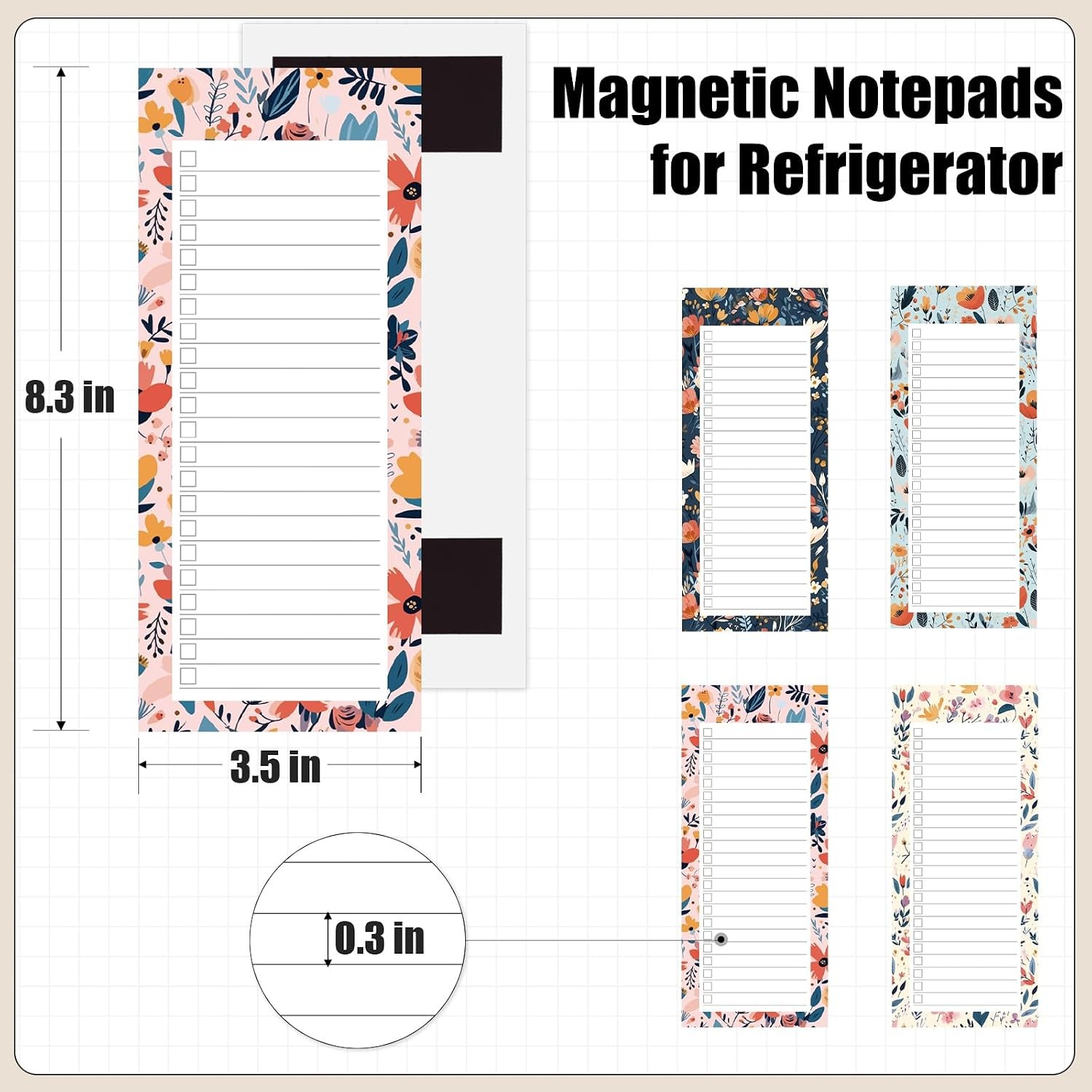 Magnetic Note Pads for Fridge, 4 Pack 200 Sheets Refrigerator Note Pad, Floral