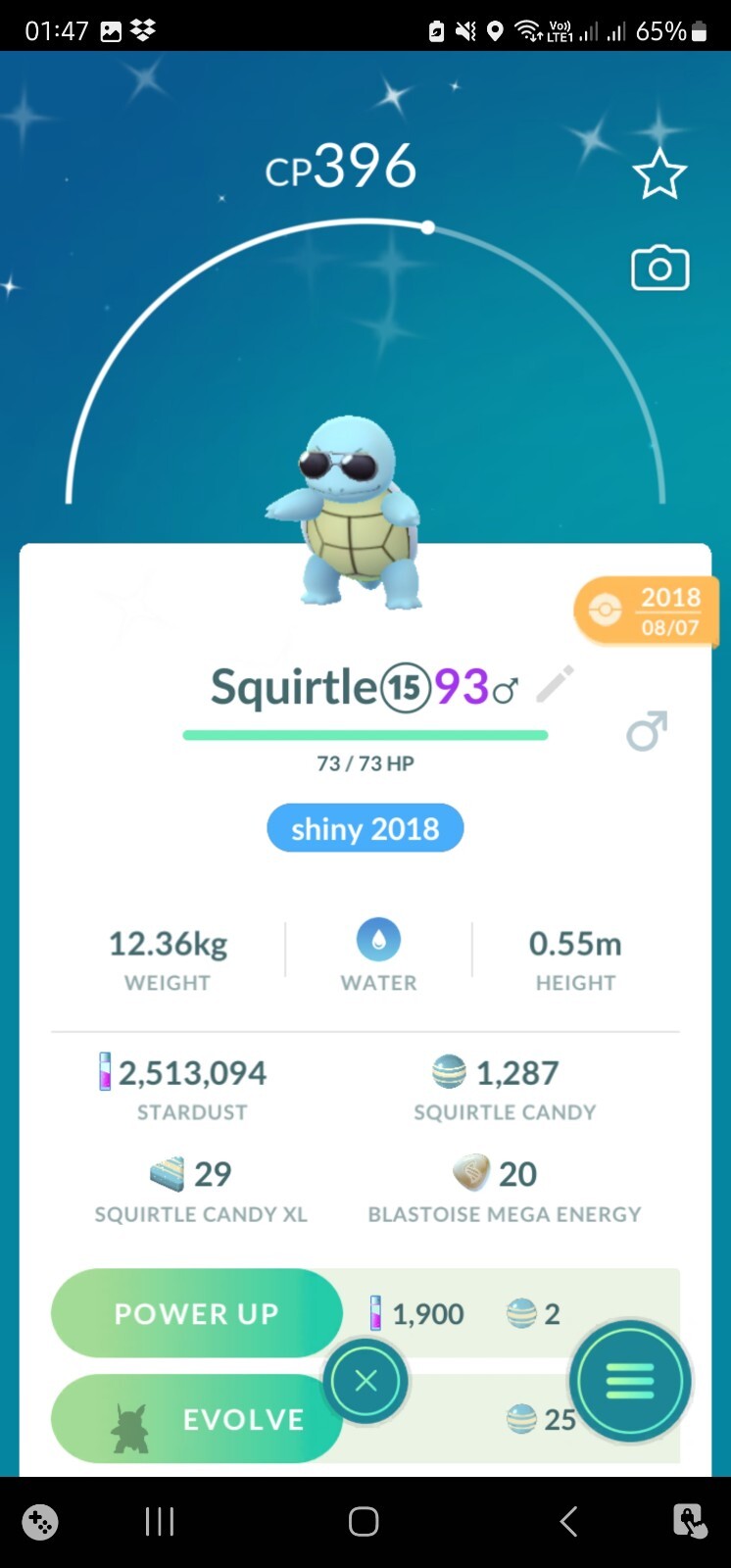 Shiny Squirtle ( Summer Sunglass ) ( Caught In 2018 ) Pokemon Tr@de Go