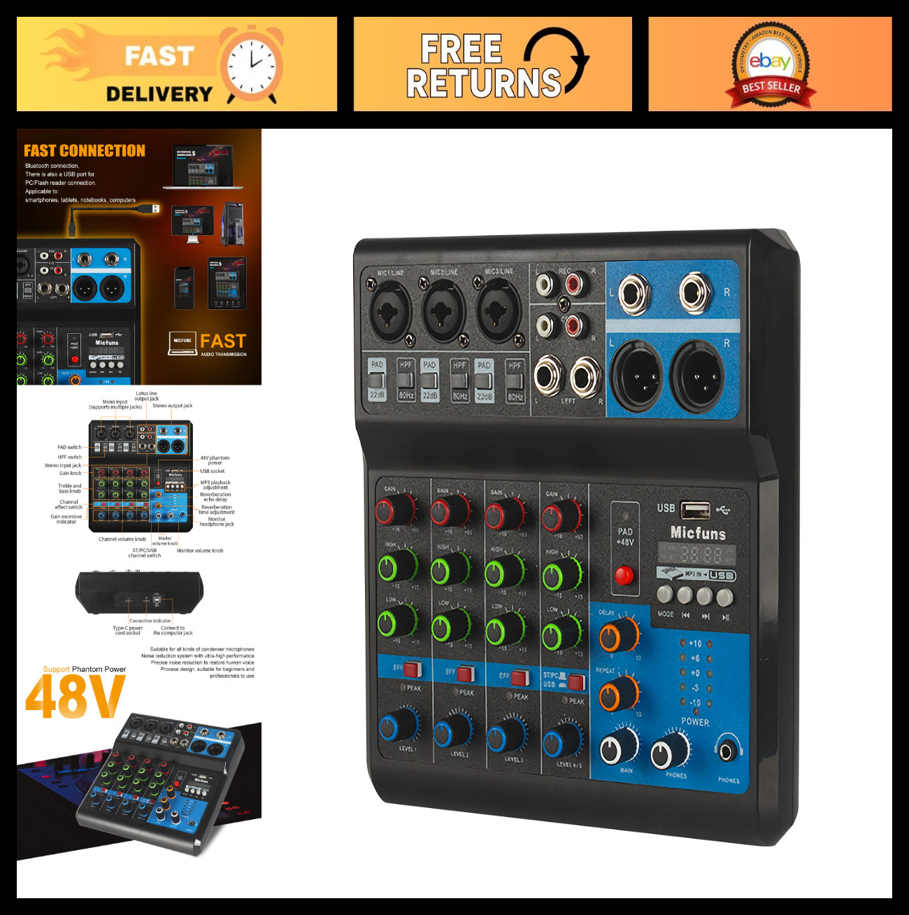 5-Channel Mini Audio DJ Mixer Sound Board with Bluetooth & USB, 48V Phantom Powe