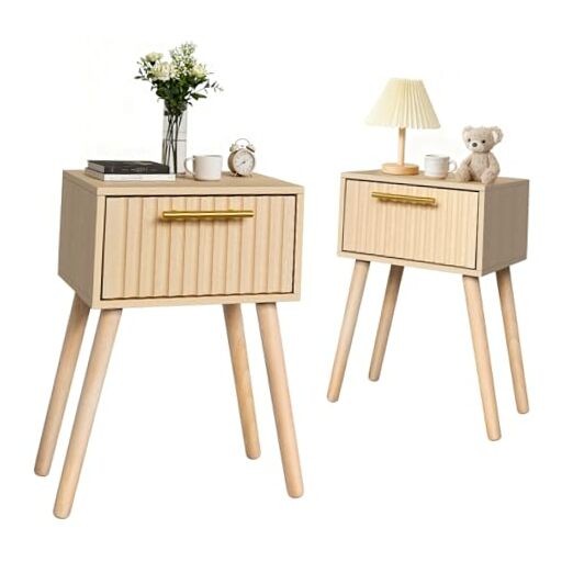 Small Fluted Nightstand, Bedside Table for Small Space, Modern 2 Pack Wooden