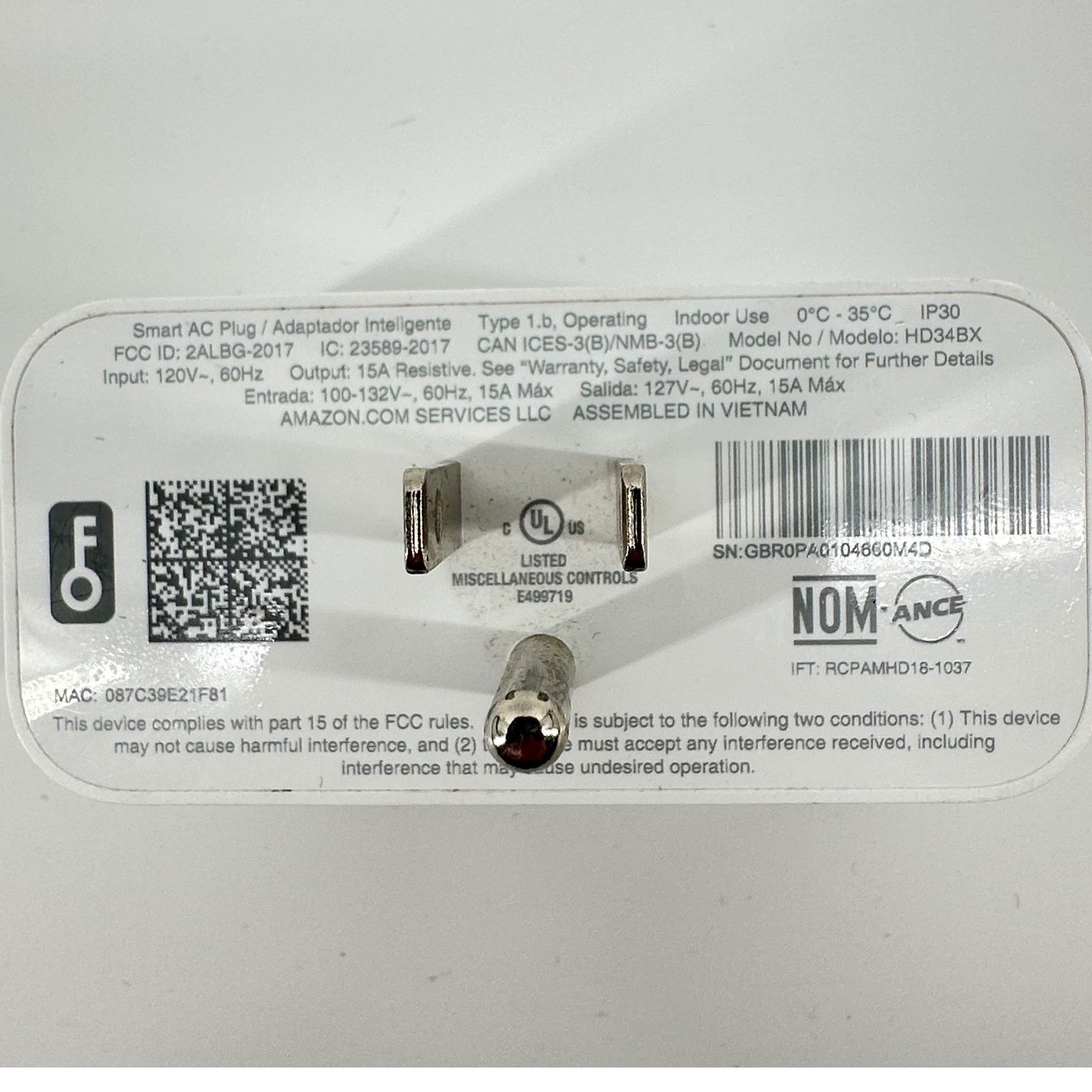 Amazon Smart Plug HD34BX Alexa Compatible White Excellent