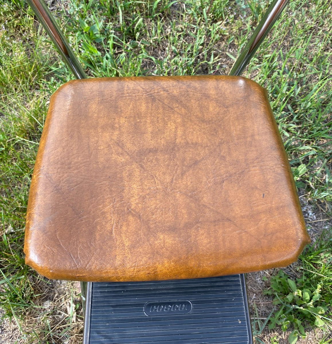 Vintage Cosco Chrome Kitchen 2 Step Stool Brown Seat 32 Inches Tall