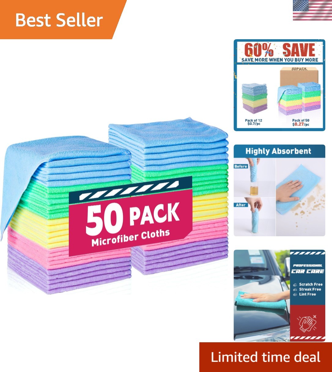 Reusable Microfiber Cleaning Towels - 50 Pack, Lint-Free & Machine Washable