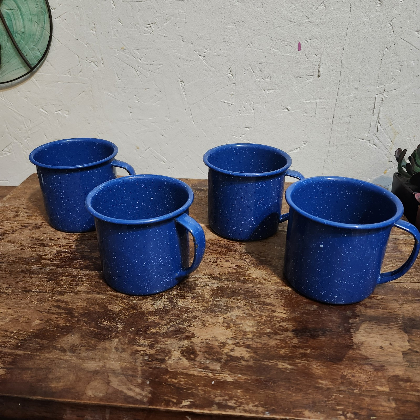 Set Of 4 Cinsa Mexico Blue Speckled Enamelware Camping Cups Mugs