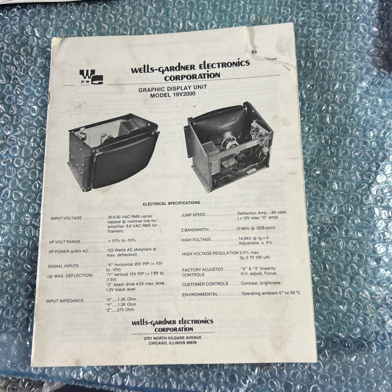 original  WELLS GARDNER 19V2000  MONITOR arcade video game MANUAL