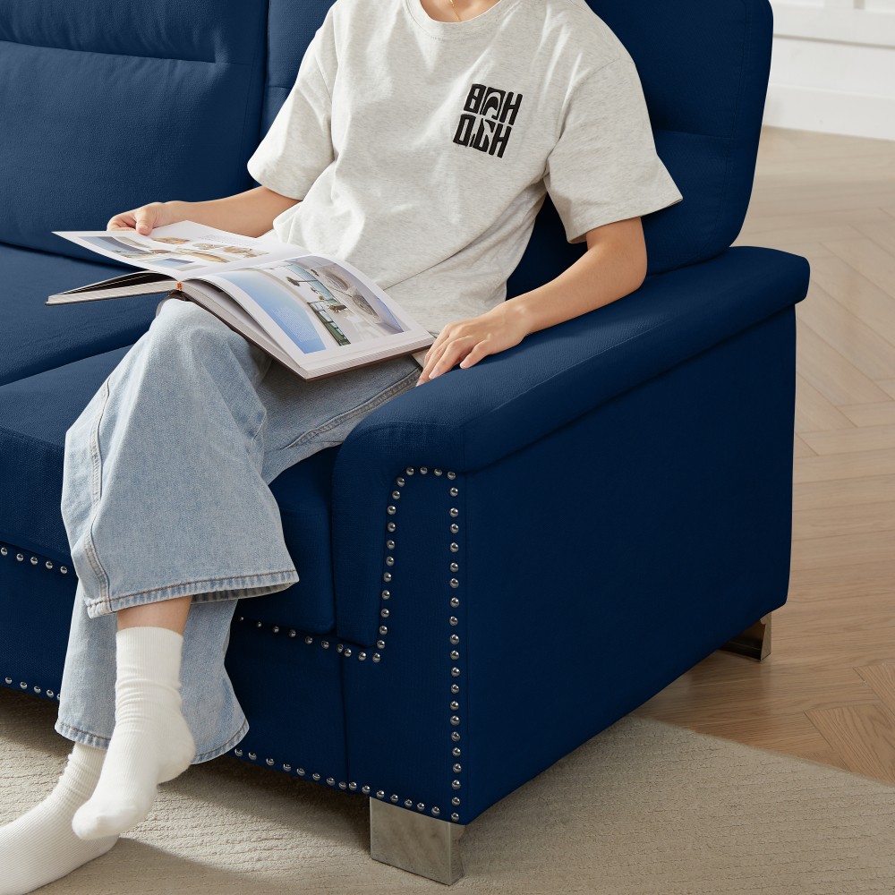 82" Blue Snowfleece Fabric 3-Seater Sofa w/ Rolled Arms for Living Room