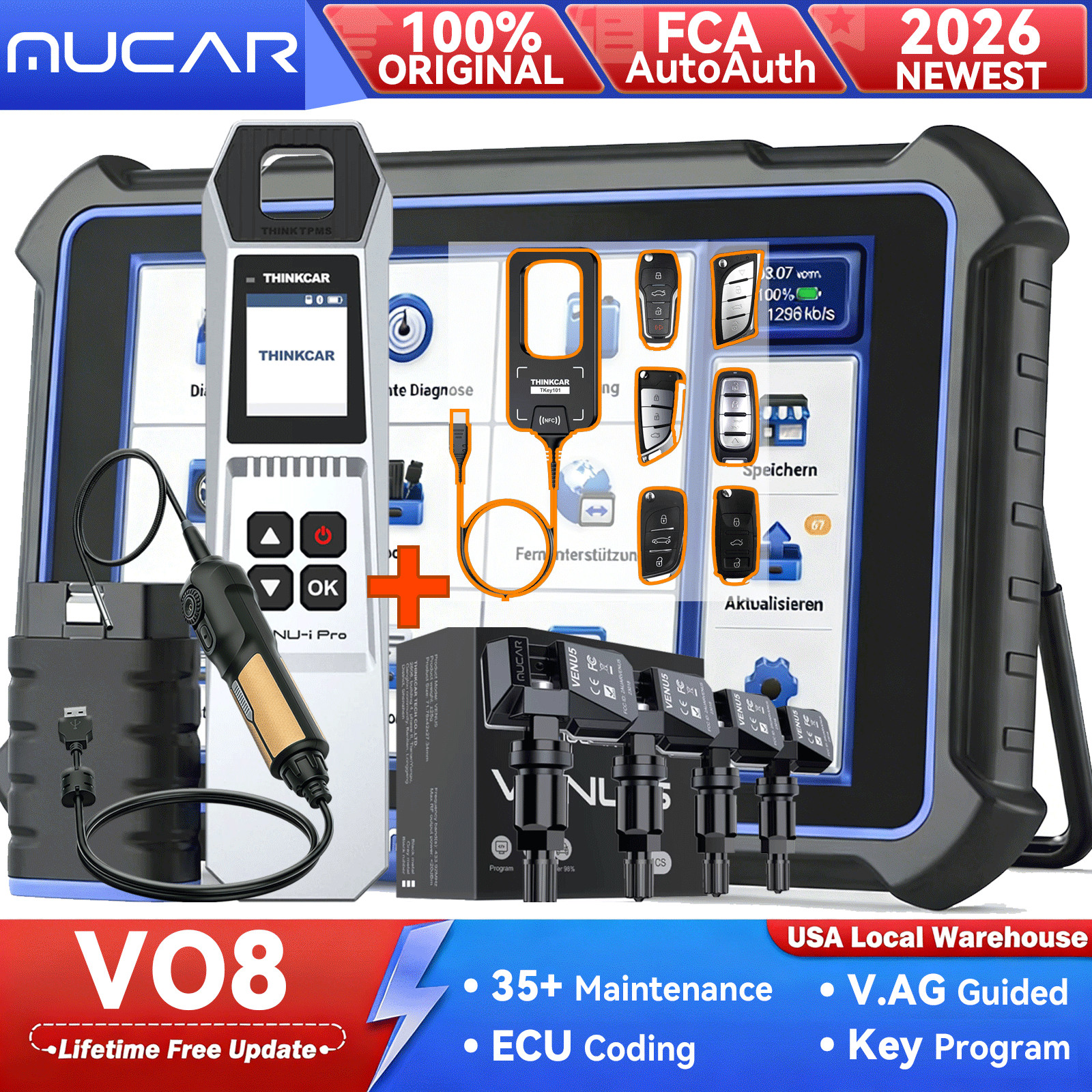 MUCAR VO8 Key Fob Programmer Kit TPMS Scanner OBD2 Diagnostic Tool 35+Reset FREE