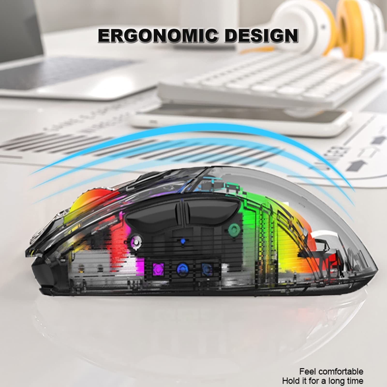 Bluetooth Wireless Mouse, Transparent RGB Mechanical Dual Mode Gaming Mouse, ...