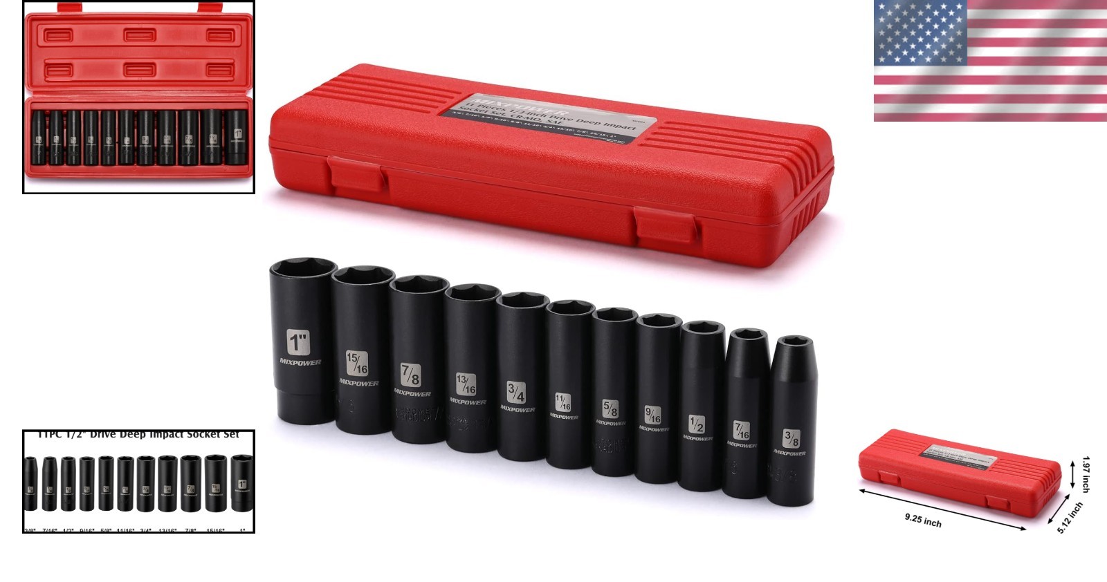 Impact Socket Set 11 Pieces Chrome Vanadium Deep SAE 6-Point for Heavy Duty