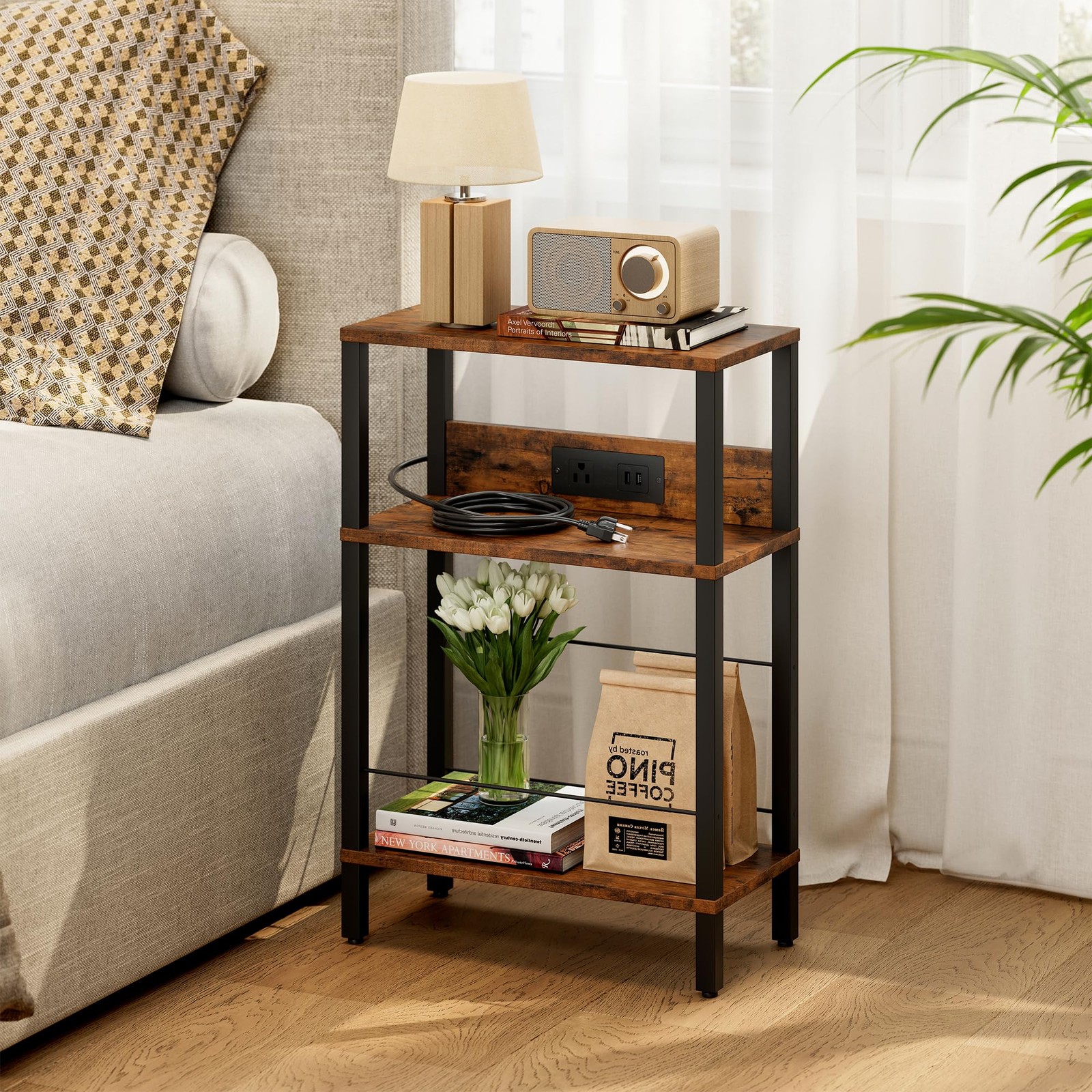 Narrow Side Table Charging Station 2 USB 1 AC Outlet Drawer Wheels Brown