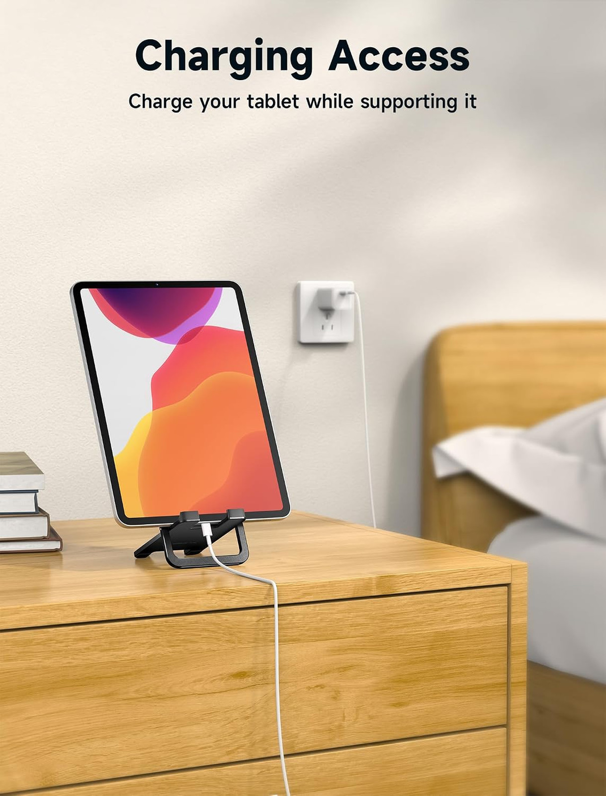 Tablet Stand, Adjustable Fold-Flat Holder, Alloy, Black, Compatible with iPads